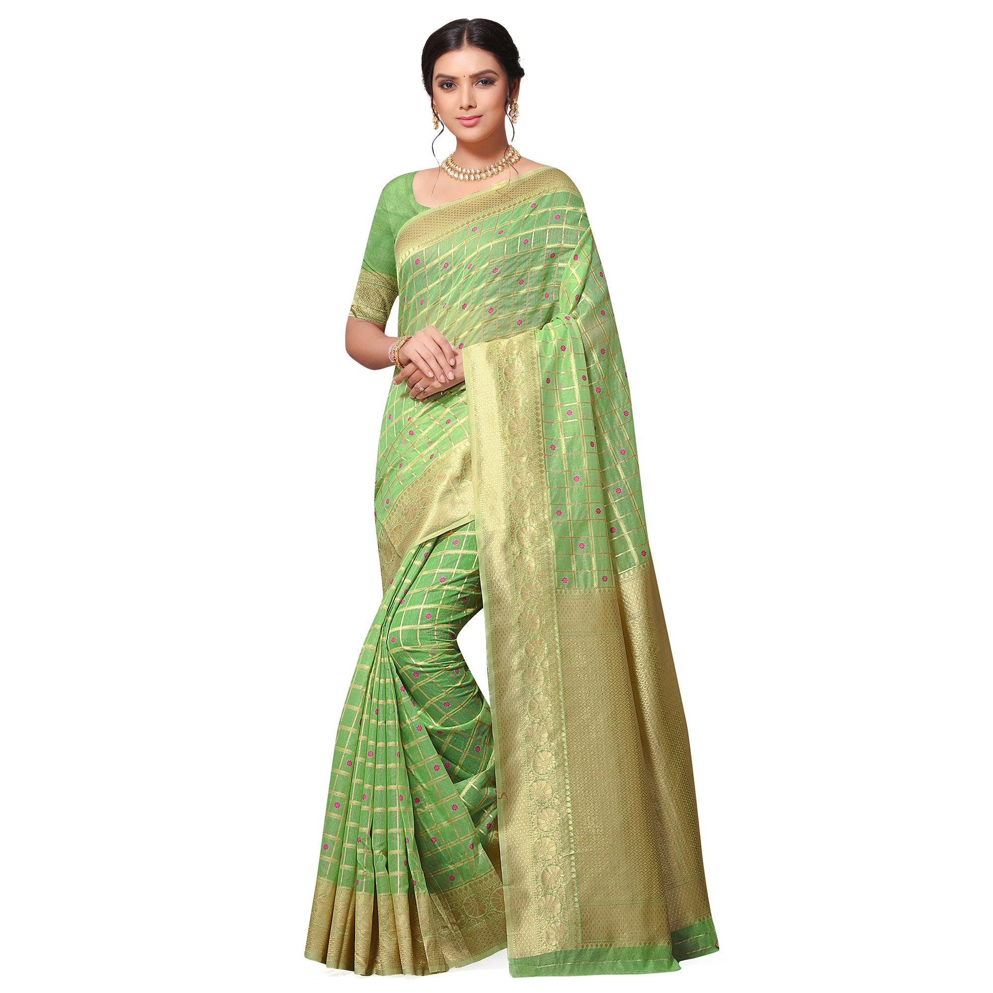 Innovative Green Colored Festive Wear Woven Cotton-Art Silk Saree - Peachmode