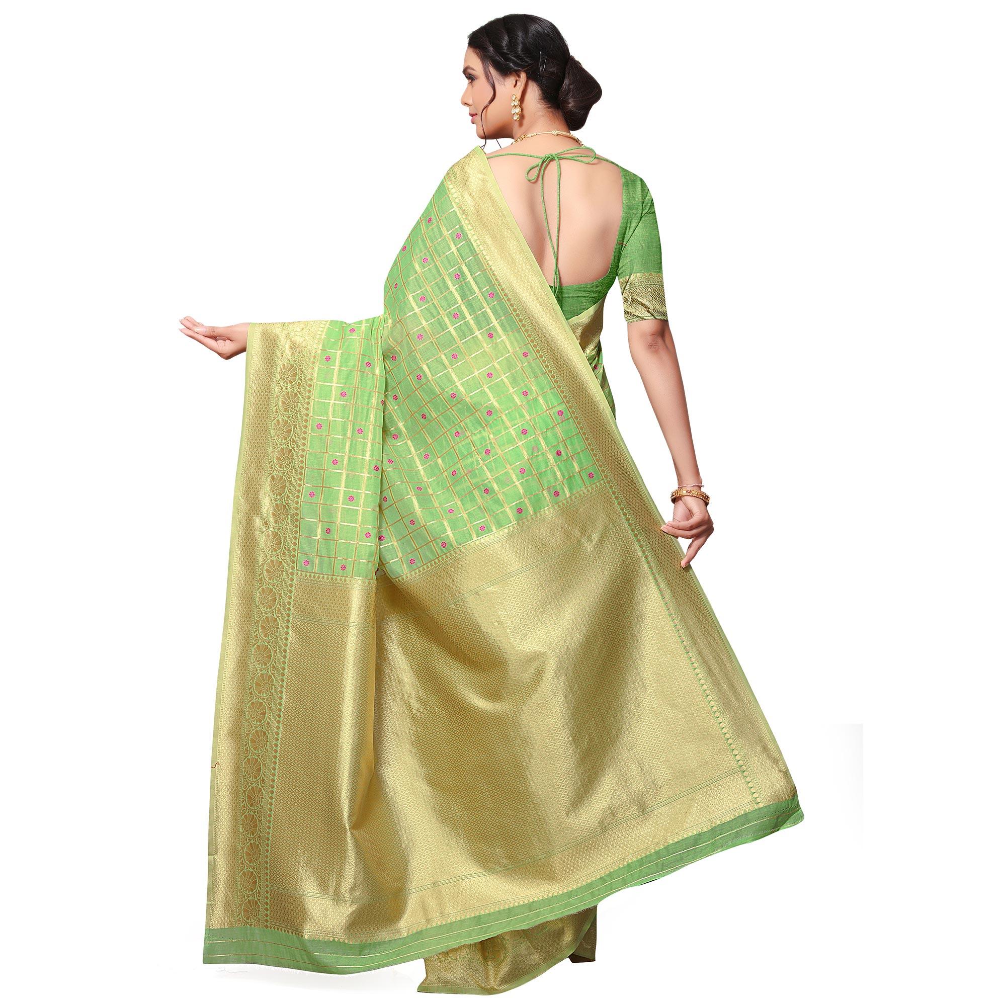 Innovative Green Colored Festive Wear Woven Cotton-Art Silk Saree - Peachmode
