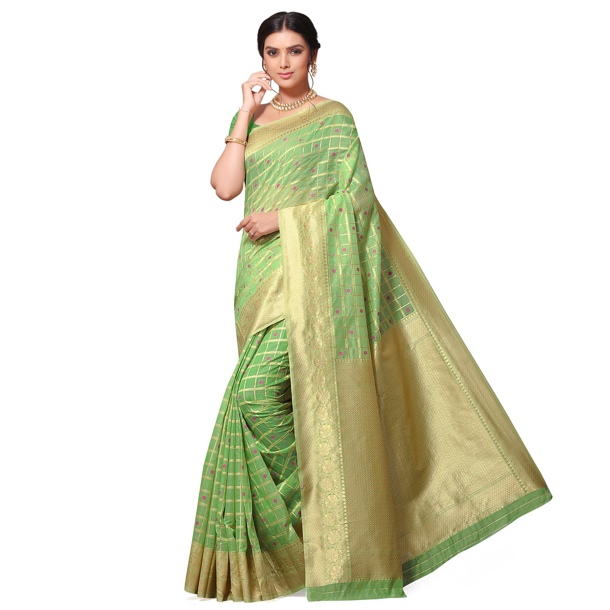 Innovative Green Colored Festive Wear Woven Cotton-Art Silk Saree - Peachmode