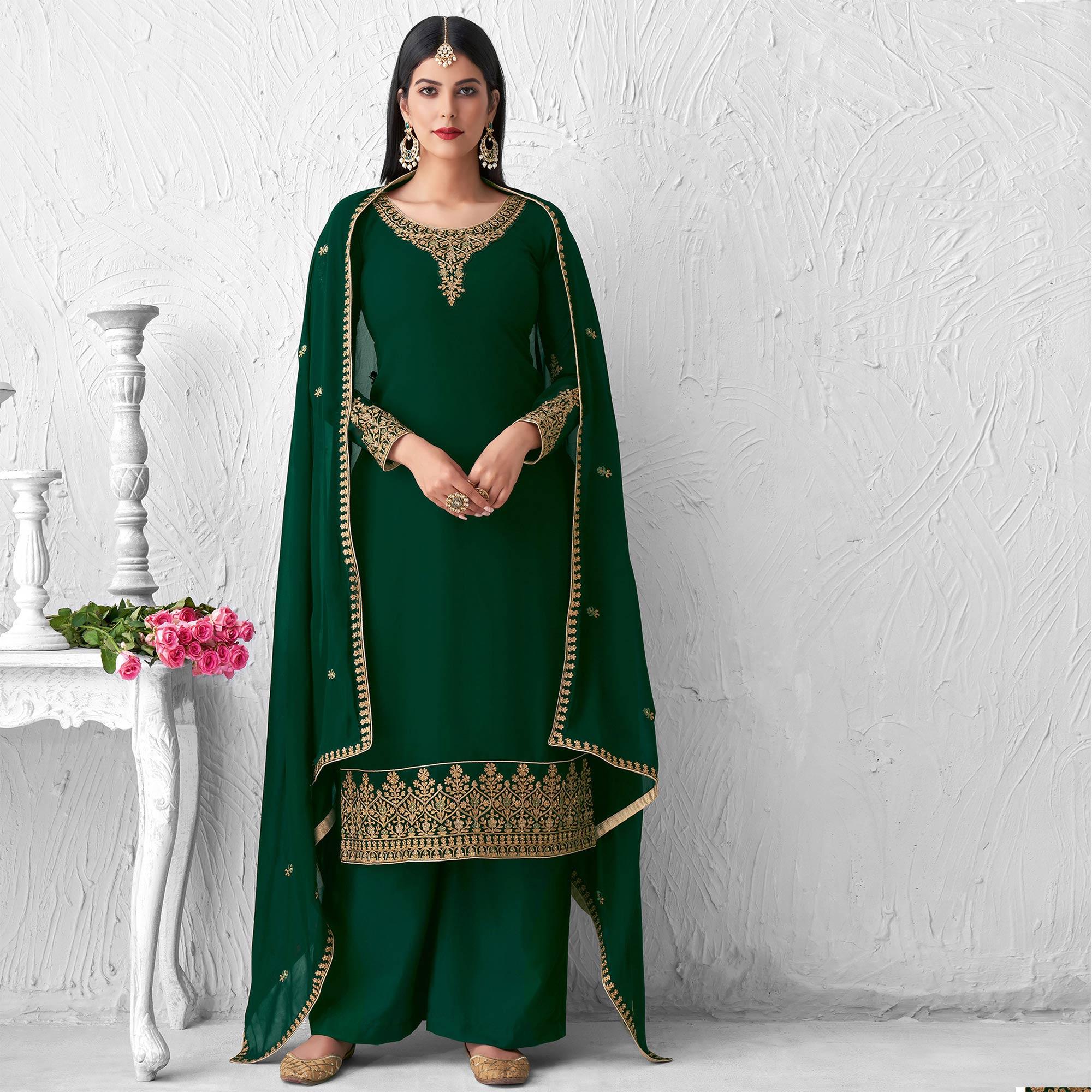 Innovative Green Colored Partywear Designer Embroidery Heavy real georgette Salwar Suit - Peachmode