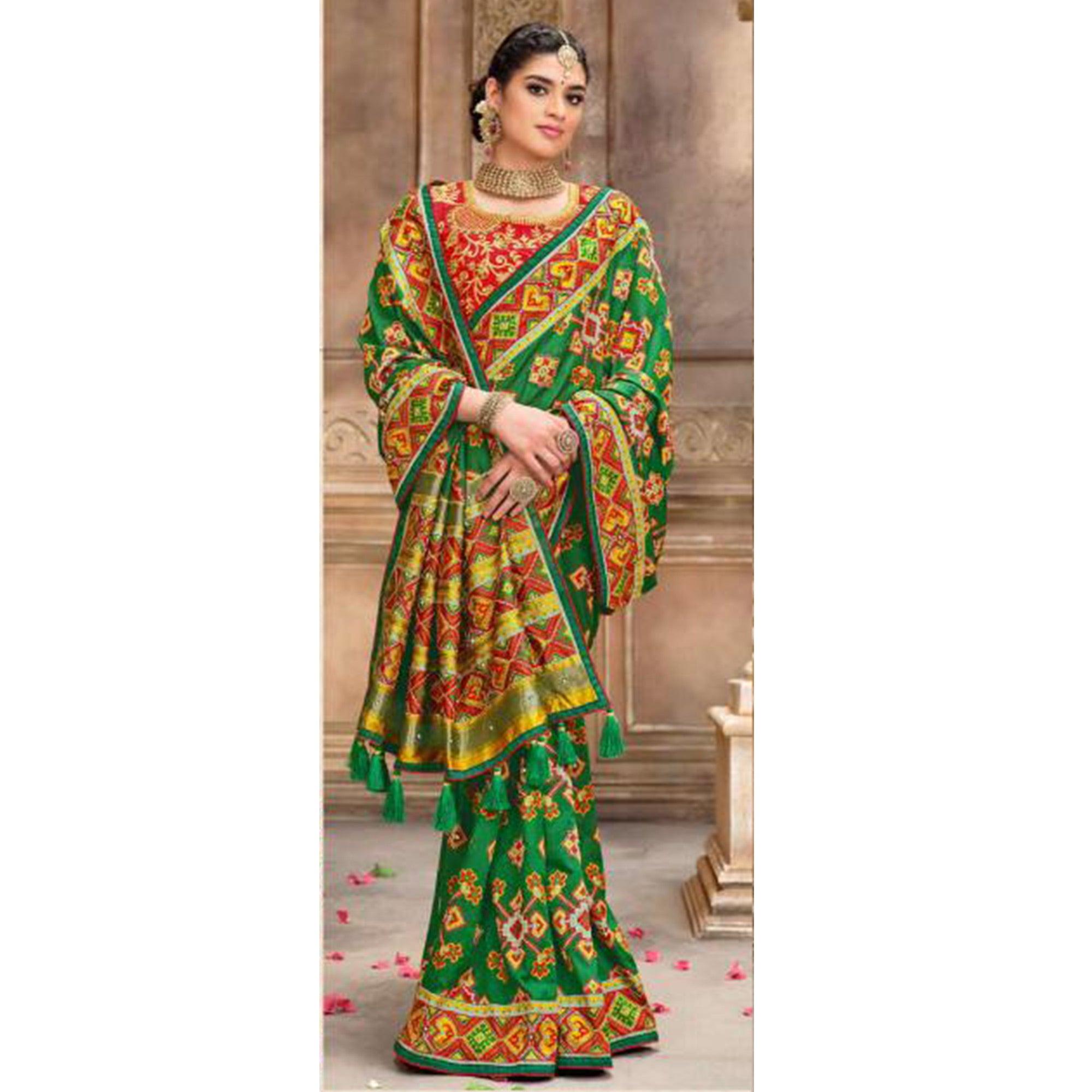 Innovative Green Colored Resham With Mirror Khatli Work Festive Wear Patan Patola Silk Saree - Peachmode