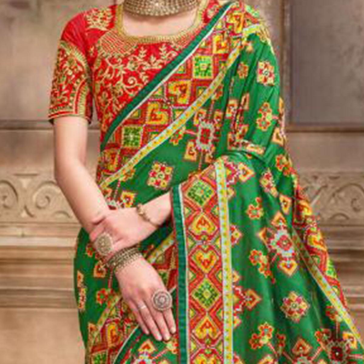 Innovative Green Colored Resham With Mirror Khatli Work Festive Wear Patan Patola Silk Saree - Peachmode