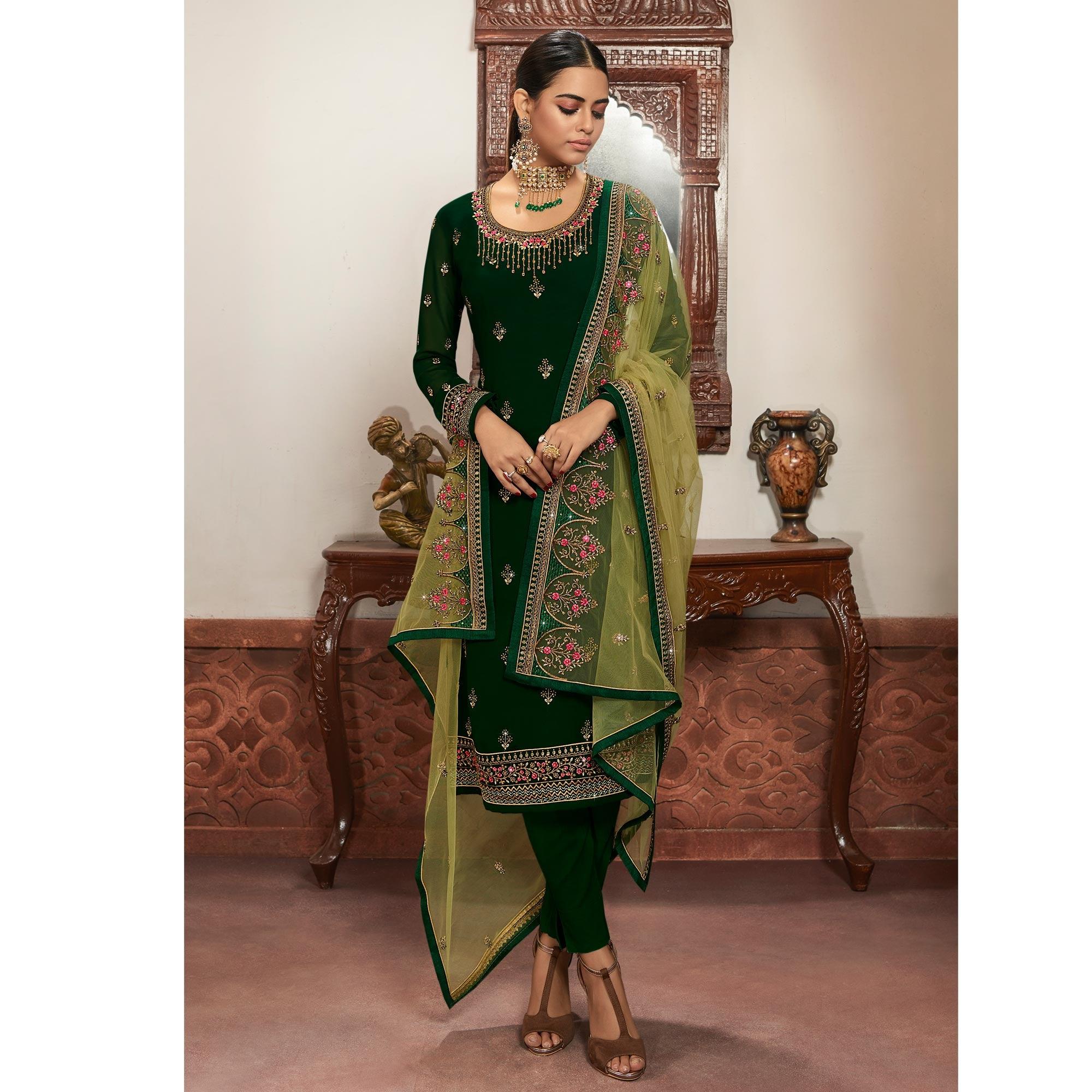 Innovative Green Coloured Partywear Embroidered Faux Georgette Sharara Style Salwar Suit - Peachmode