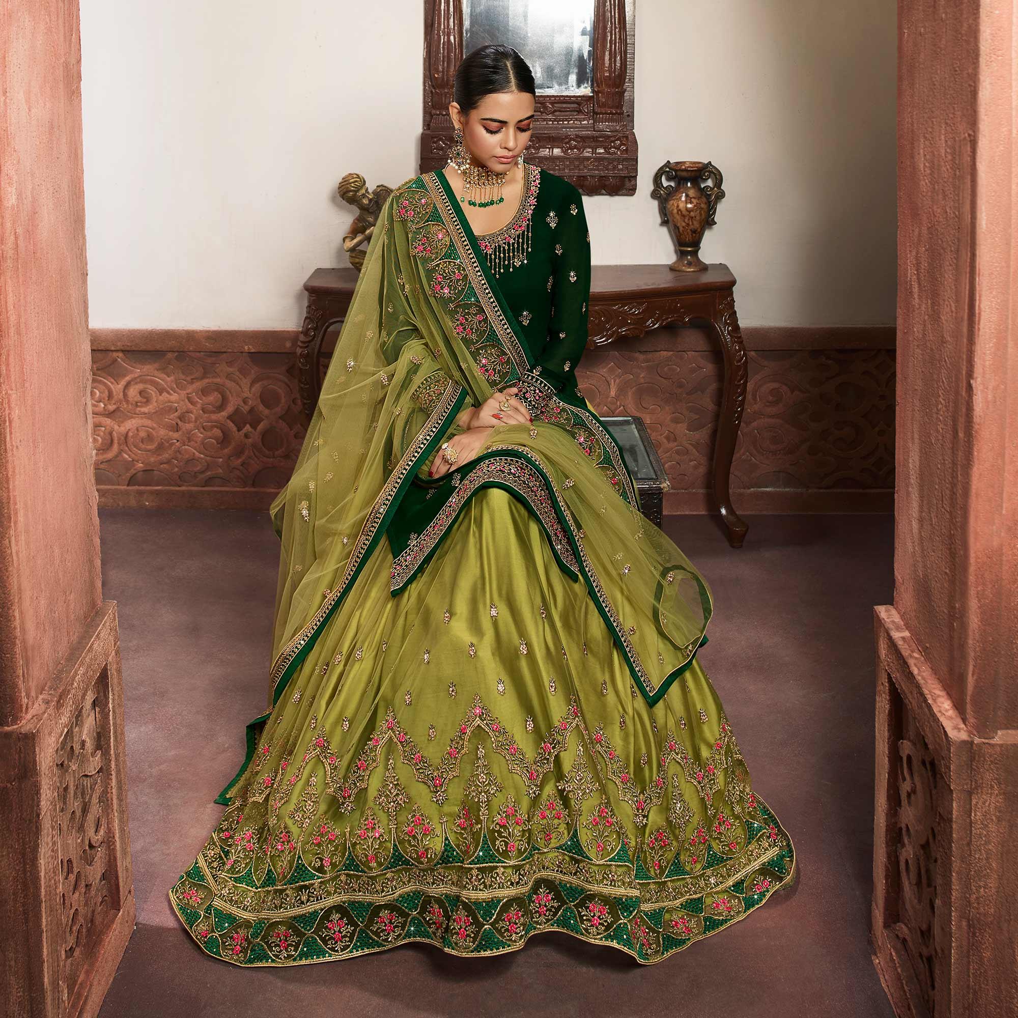 Innovative Green Coloured Partywear Embroidered Faux Georgette Sharara Style Salwar Suit - Peachmode