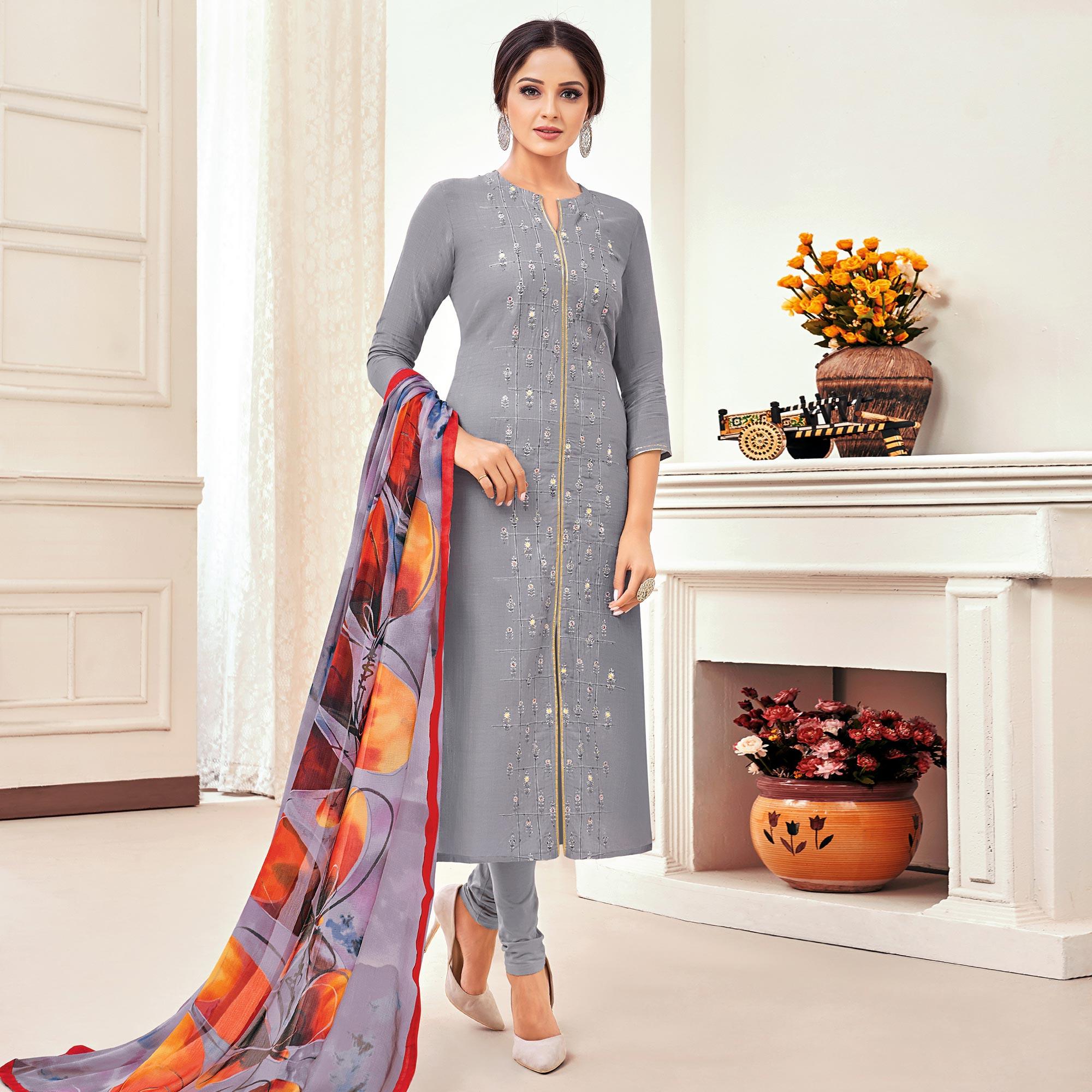 Innovative Grey Colored Casual Wear Embroidered Chanderi Dress Material - Peachmode