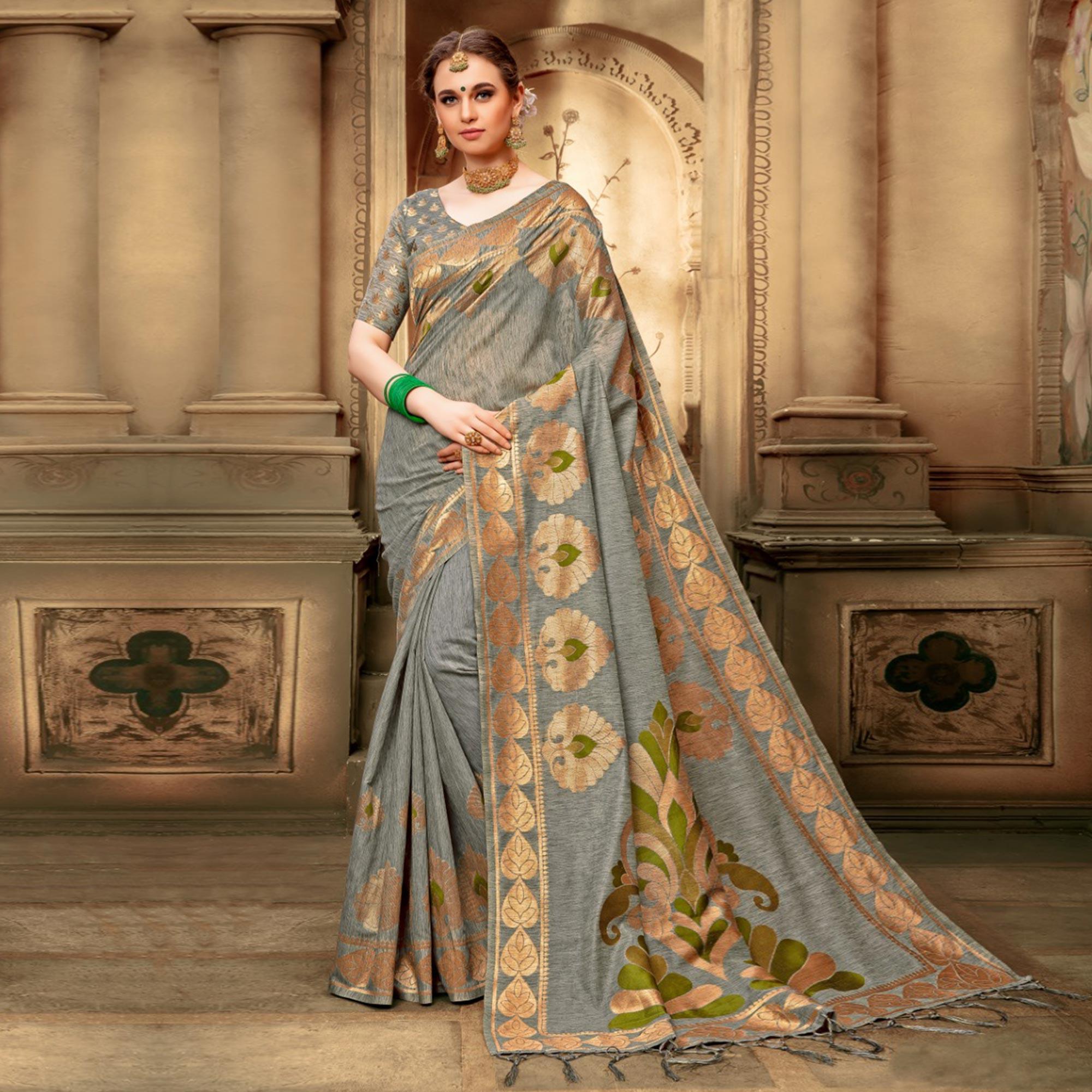 Innovative Grey Colored Festive Wear Woven Cotton Silk Saree - Peachmode