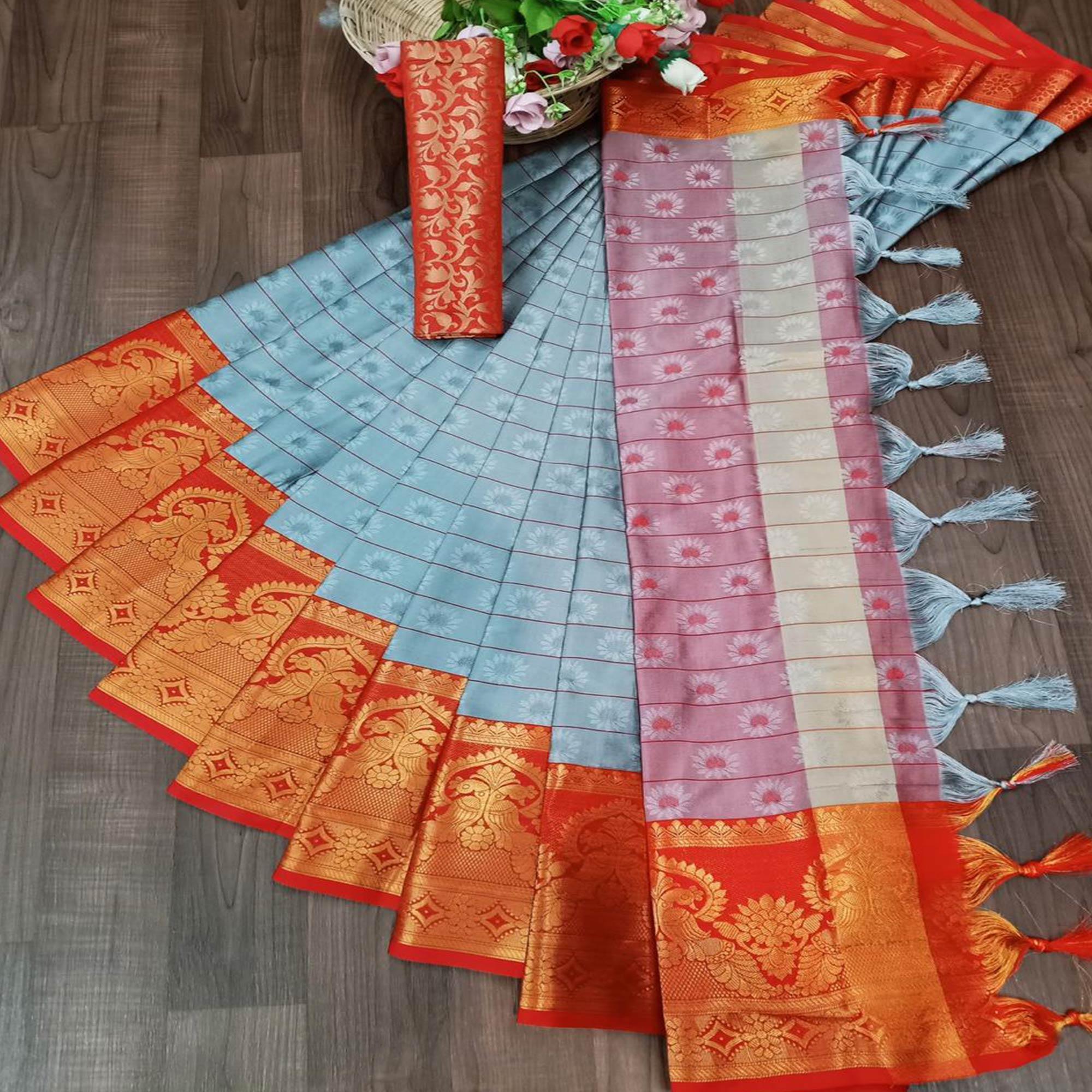 Innovative Grey Colored Festive Wear Woven Cotton Silk Saree - Peachmode