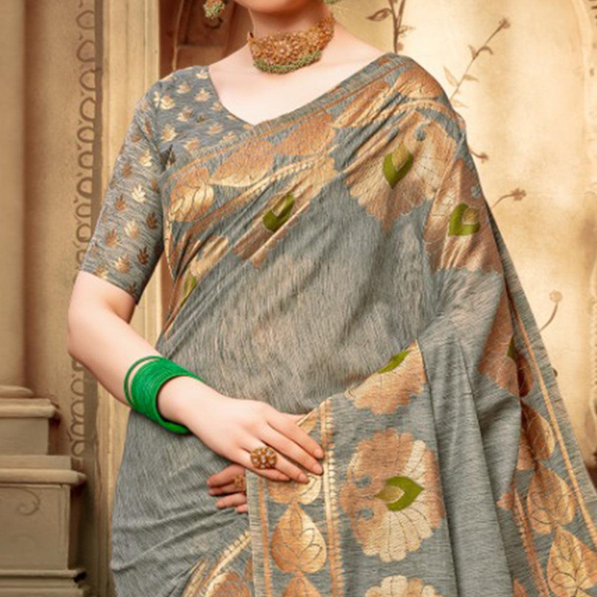Innovative Grey Colored Festive Wear Woven Cotton Silk Saree - Peachmode