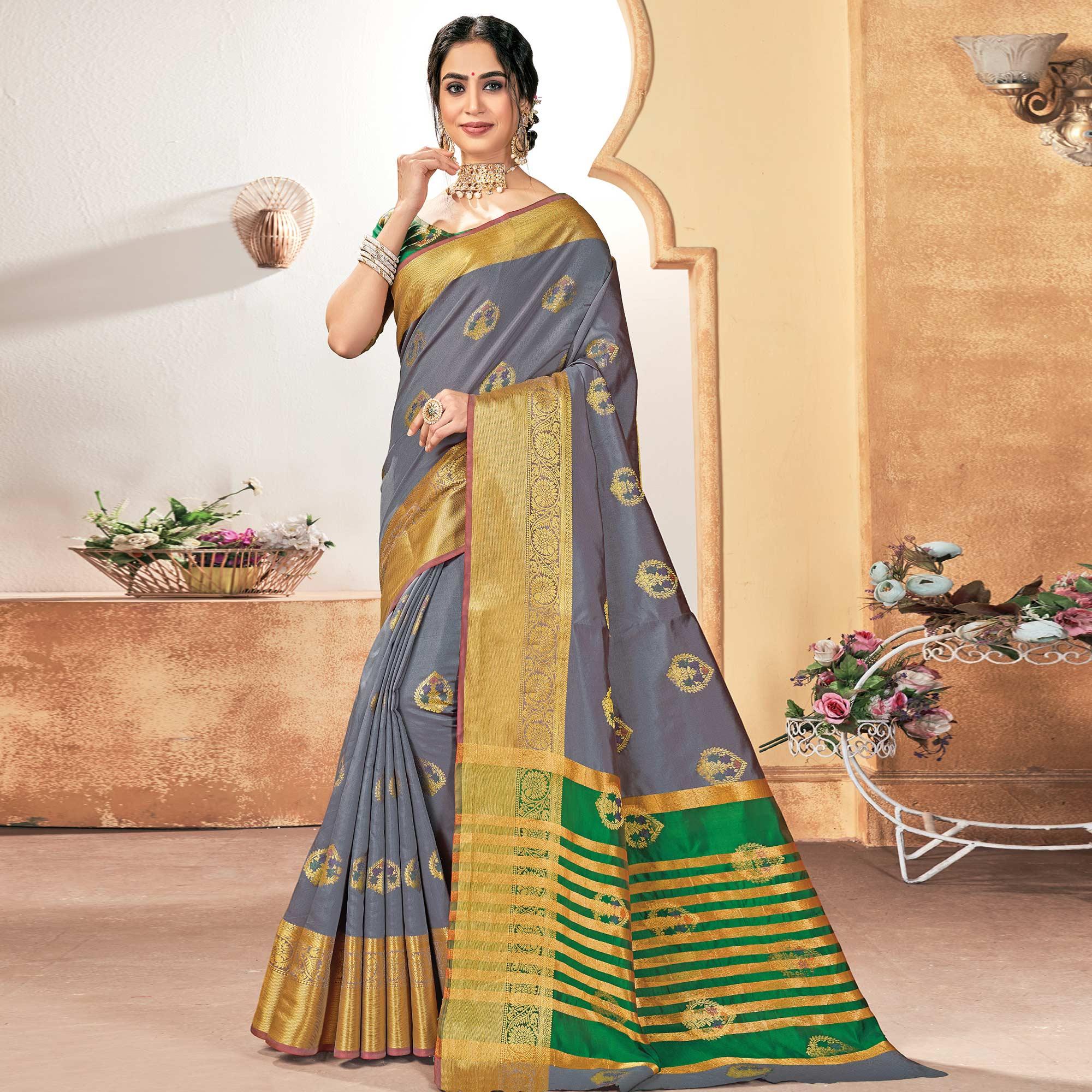 Innovative Grey Colored Festive Wear Woven Silk Saree - Peachmode