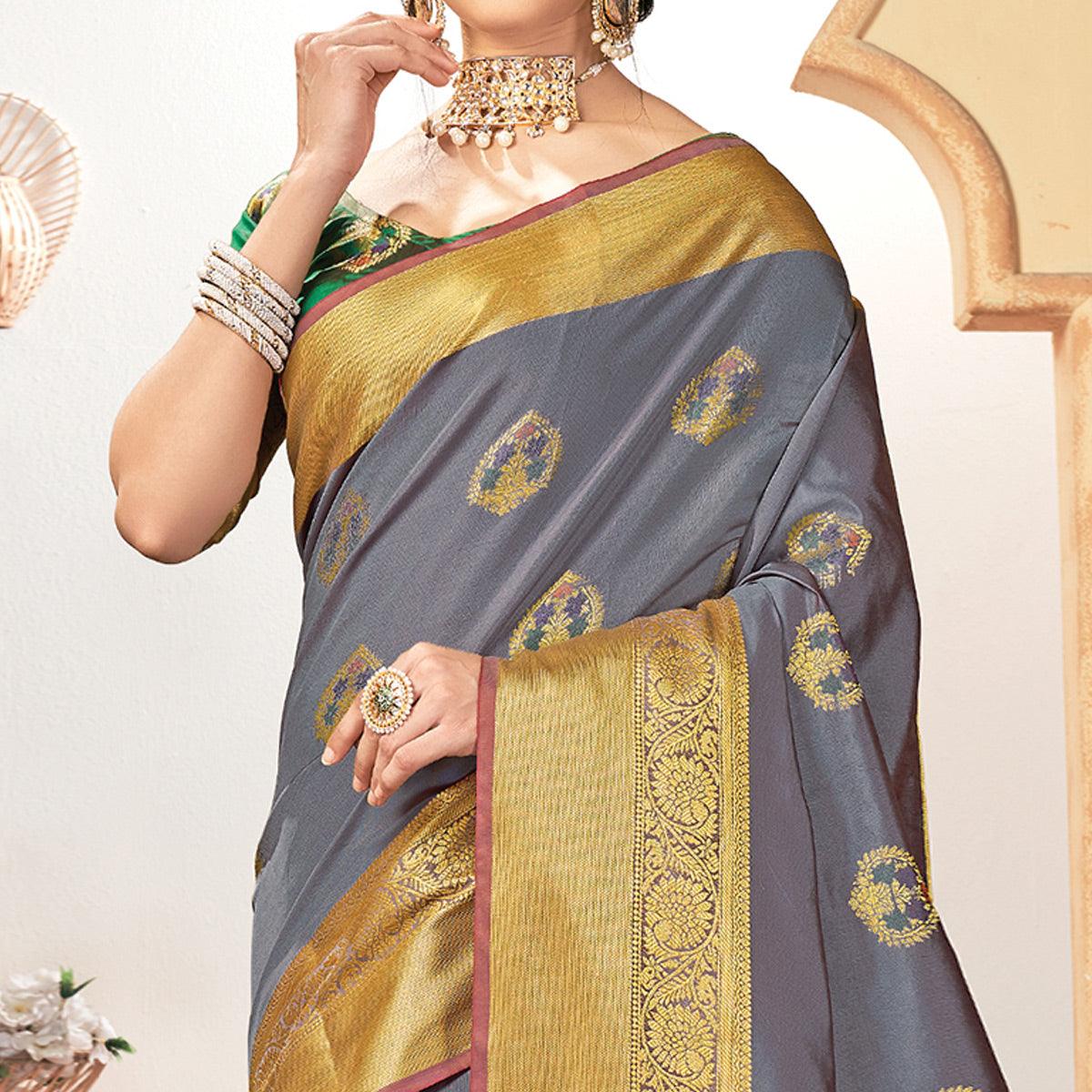 Innovative Grey Colored Festive Wear Woven Silk Saree - Peachmode
