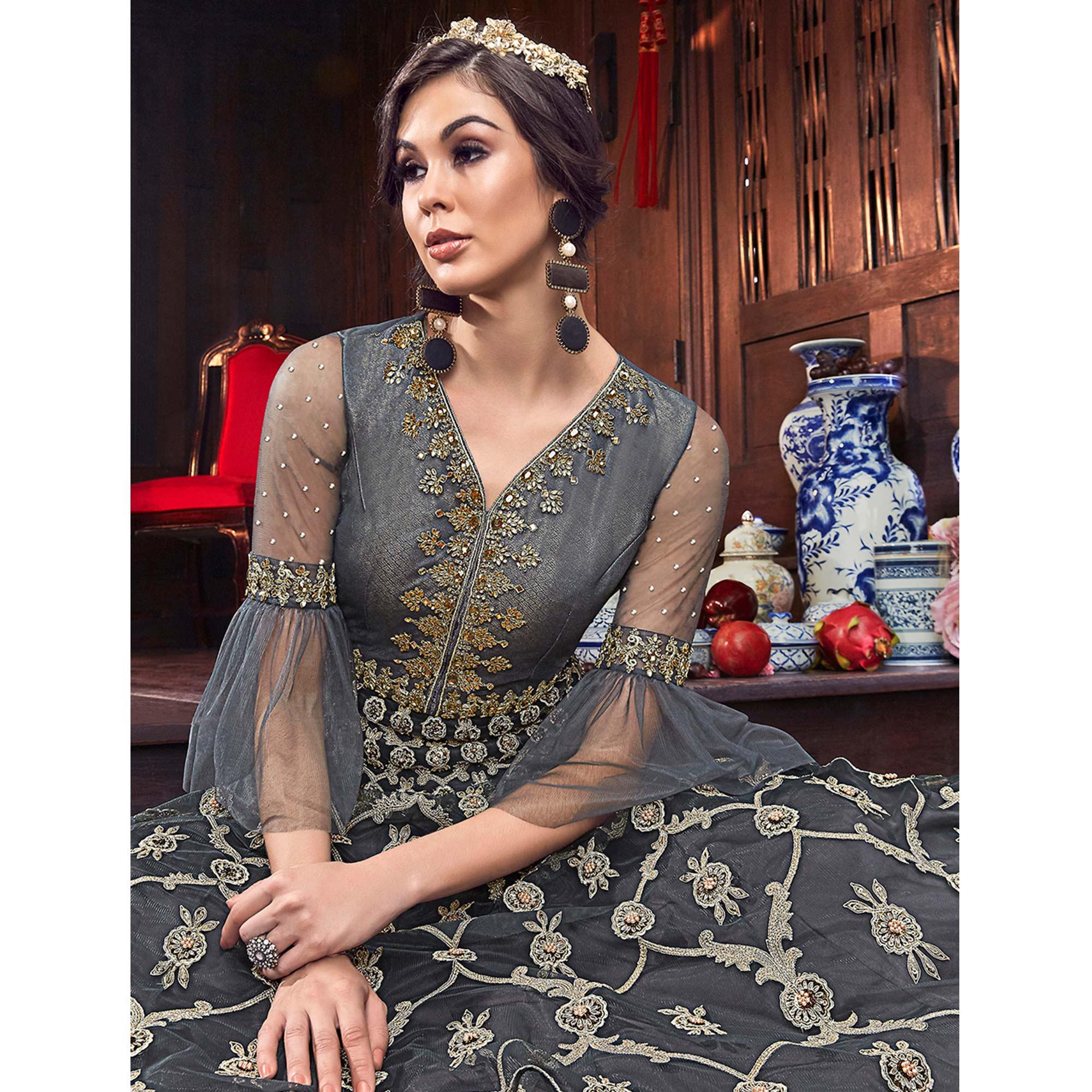 Innovative Grey Colored Partywear Embroidered Net Palazzo Suit - Peachmode