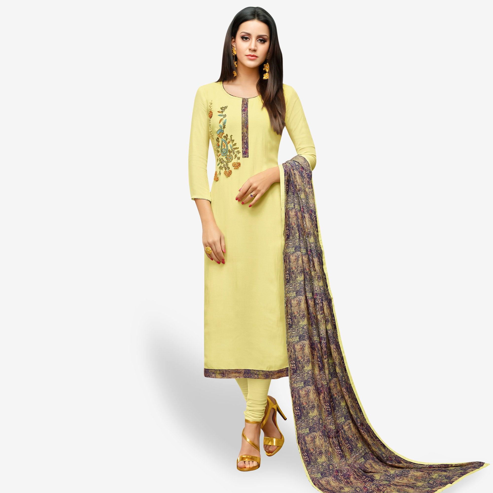 Innovative Lemon Yellow Colored Party Wear Cotton Silk Salwar Suit - Peachmode