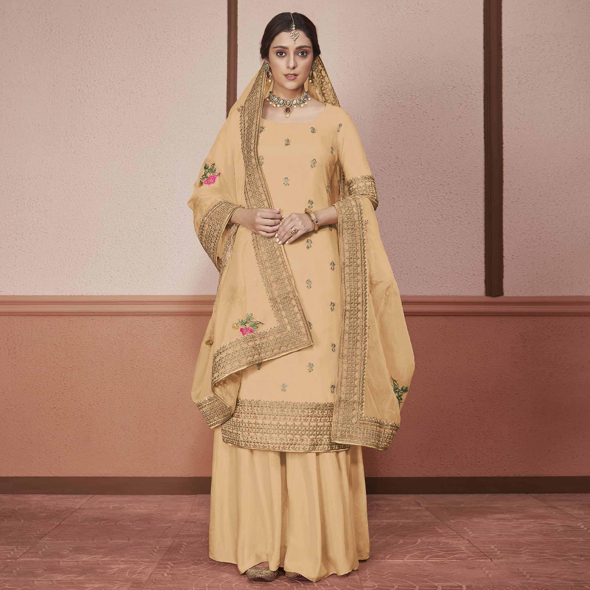 Innovative Light Brown Colored Partywear Embroidered Silk Palazzo Suit - Peachmode