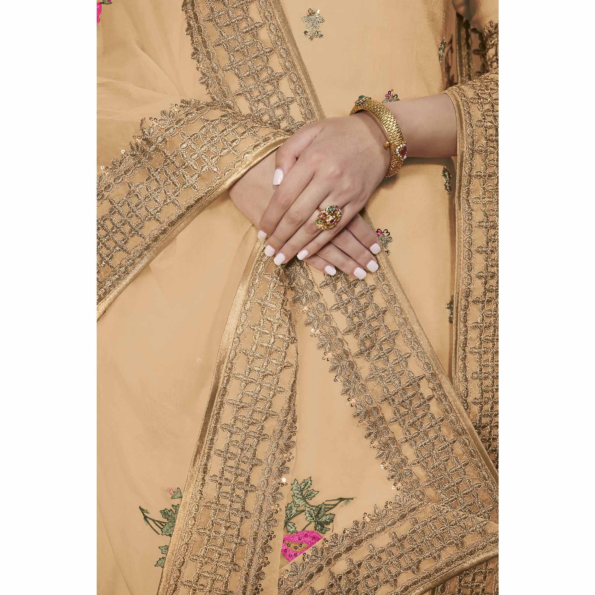Innovative Light Brown Colored Partywear Embroidered Silk Palazzo Suit - Peachmode