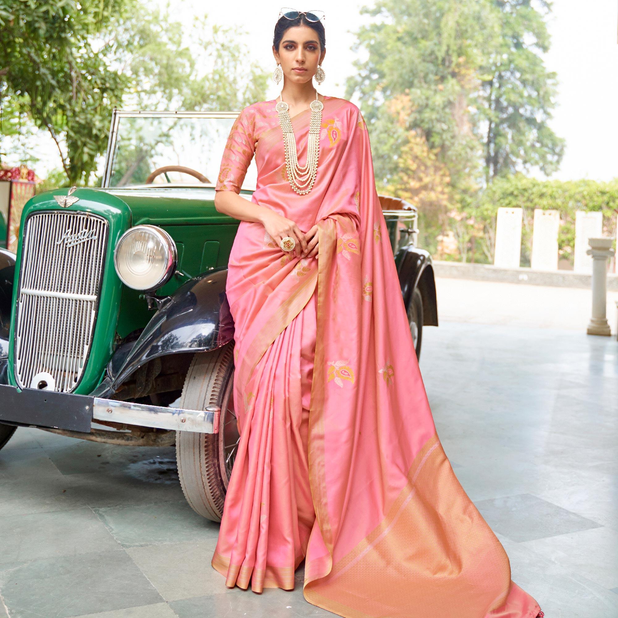 Innovative Light Peach Colored Zari Work Festive Wear Banarasi Silk Saree - Peachmode