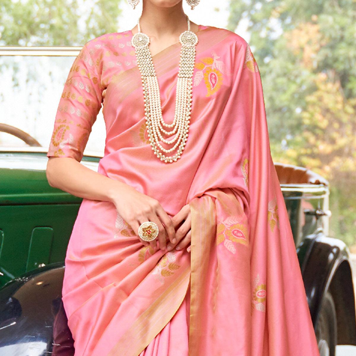 Innovative Light Peach Colored Zari Work Festive Wear Banarasi Silk Saree - Peachmode