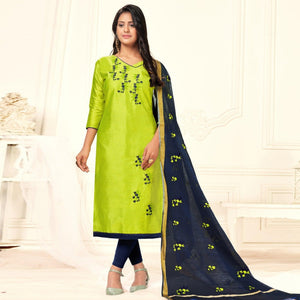 Innovative Mehendi Colored Casual Wear Embroidered Cotton Dress Material - Peachmode
