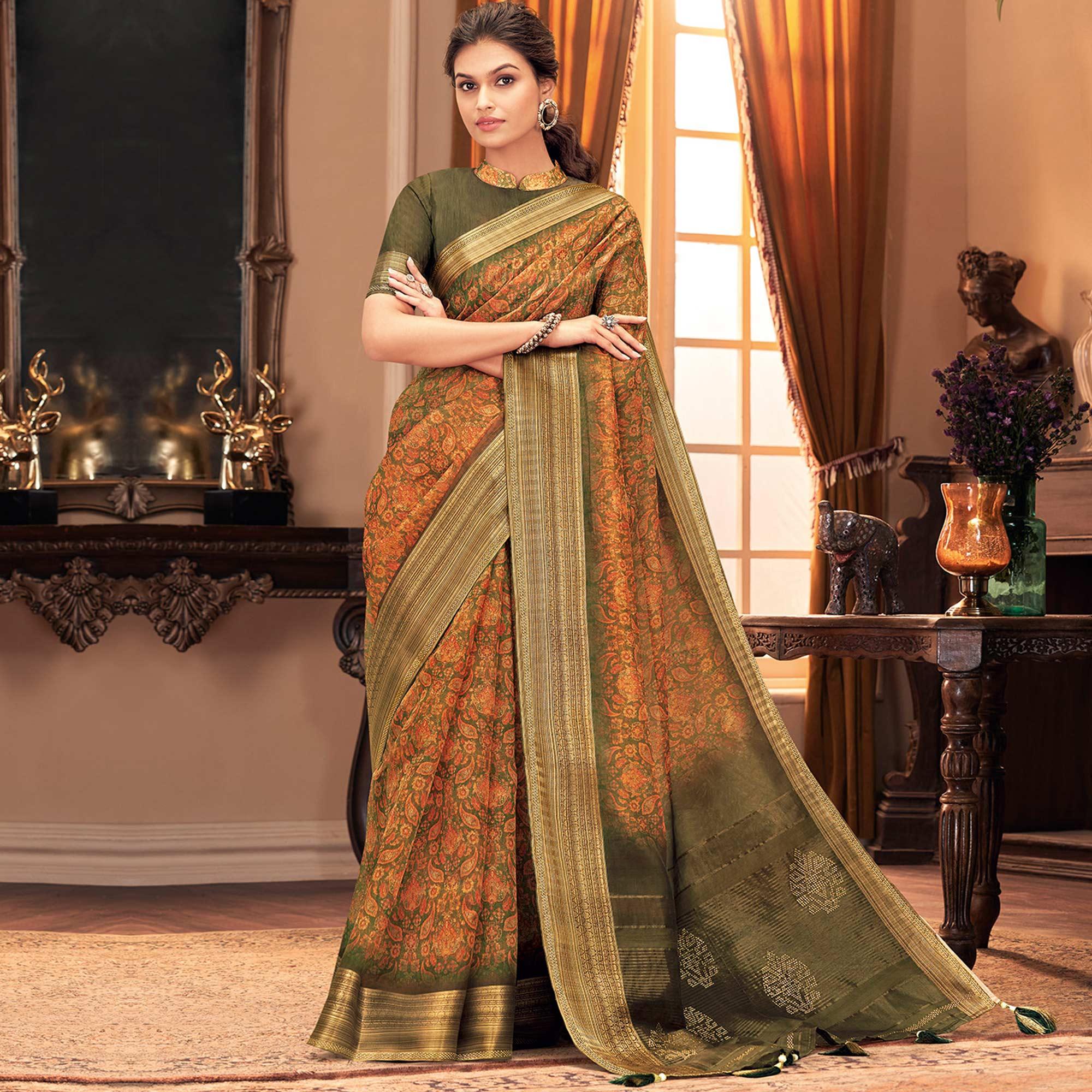 Innovative Mehndi Green And Orange Colored Festive Wear Printed And Woven Border Silk Saree - Peachmode