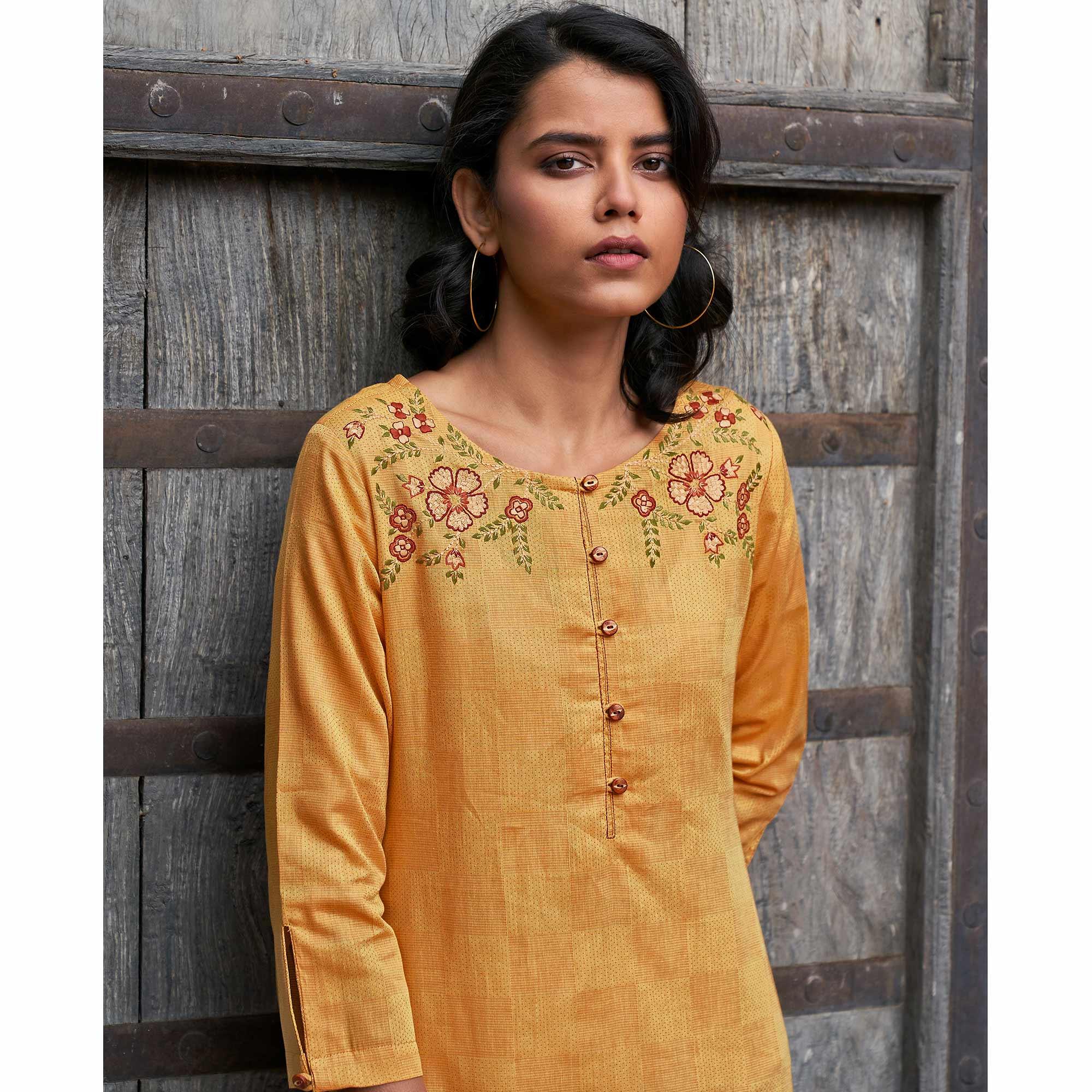 Innovative Mustard Yellow  Colored Casual Wear Embroidered Pure Cotton Kurti - Peachmode