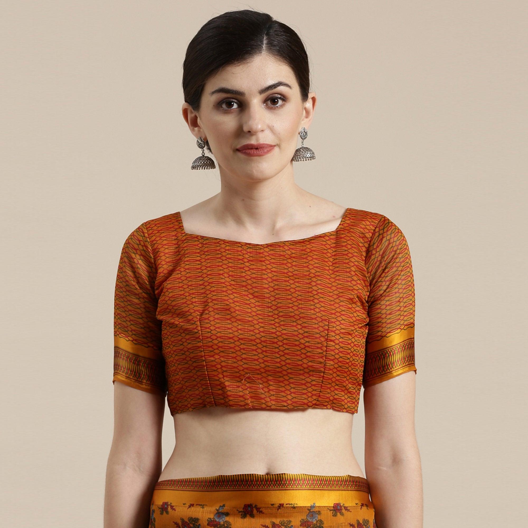 Innovative Mustard Yellow Colored Casual Wear Floral Printed Cotton Silk Saree - Peachmode