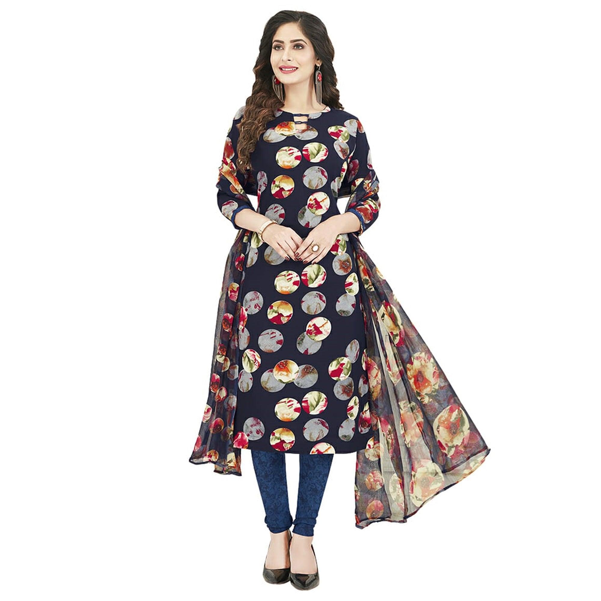 Innovative Navy Blue Colored Casual Wear Printed Crepe Dress Material - Peachmode