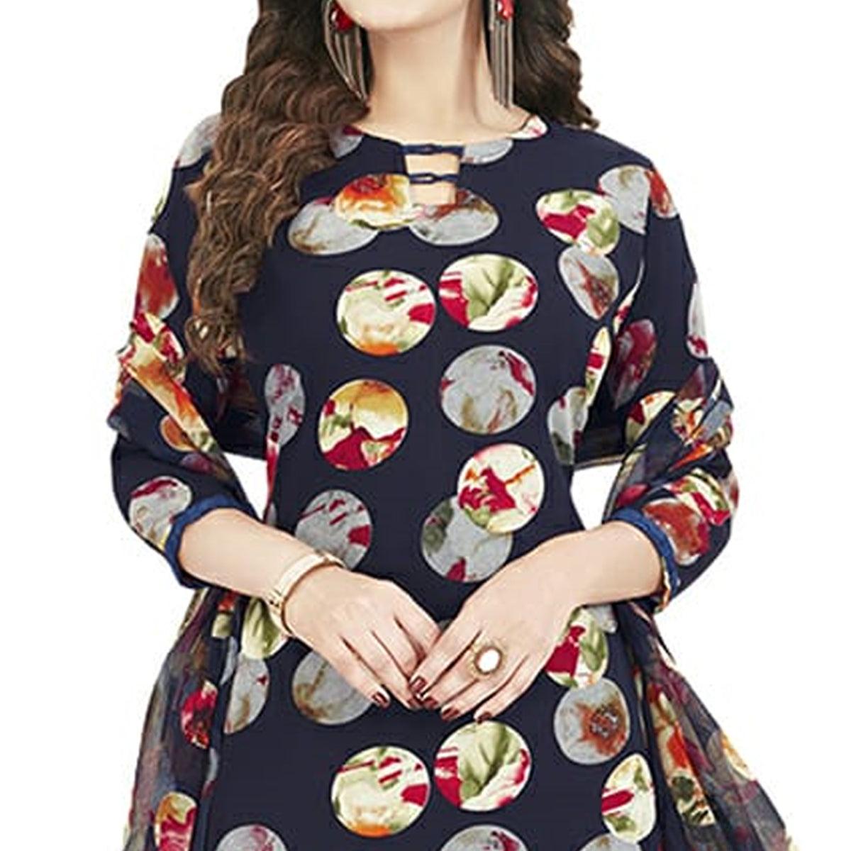 Innovative Navy Blue Colored Casual Wear Printed Crepe Dress Material - Peachmode