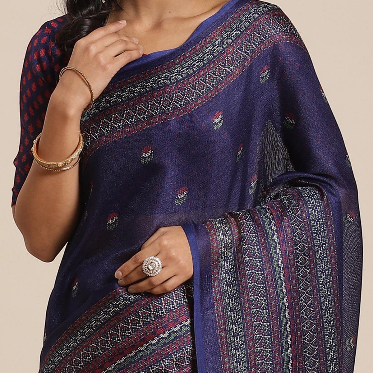 Innovative Navy Blue Colored Casual Wear Printed Jute Silk Saree - Peachmode