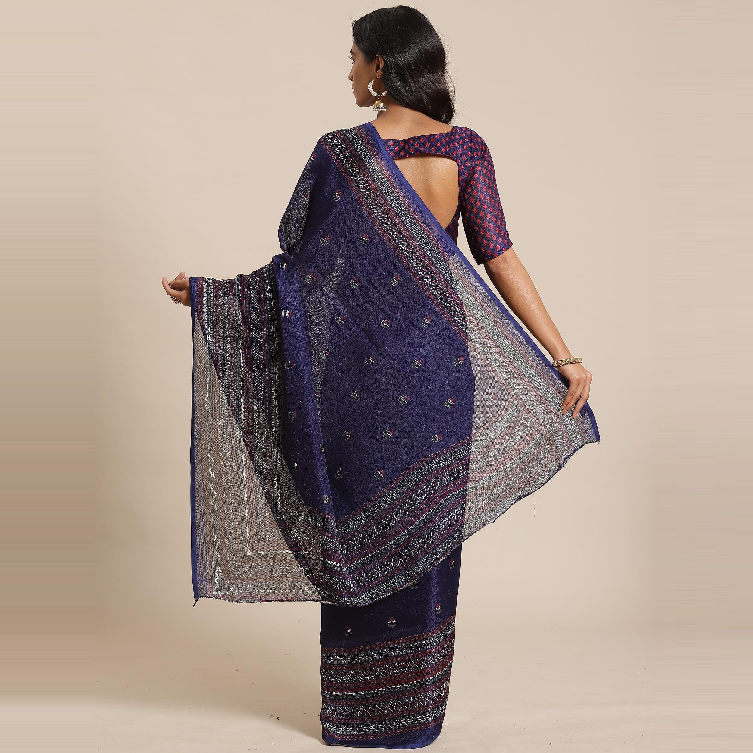 Innovative Navy Blue Colored Casual Wear Printed Jute Silk Saree - Peachmode