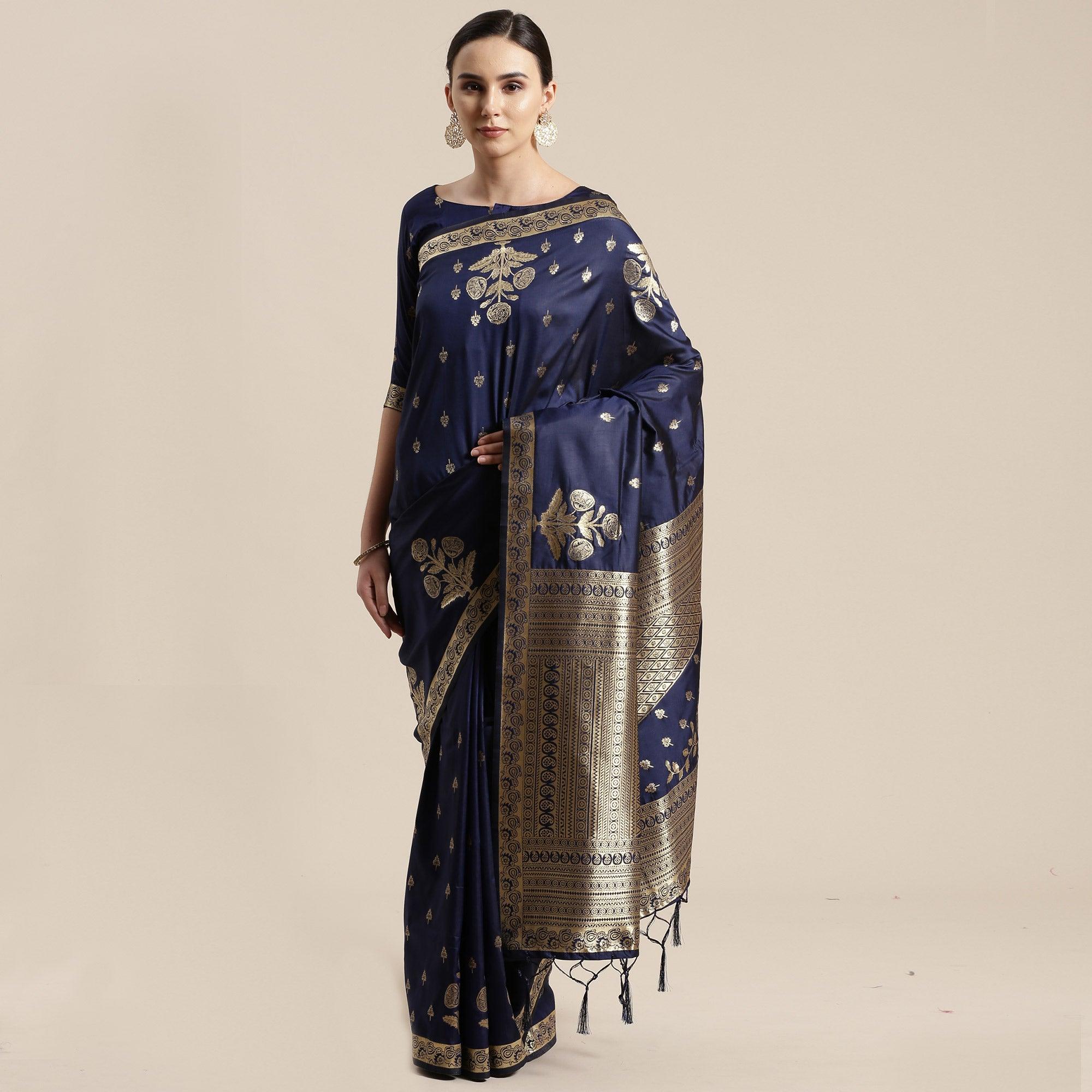 Innovative Navy Blue Colored Festive Wear Silk Blend Woven Floral Saree With Tassels - Peachmode