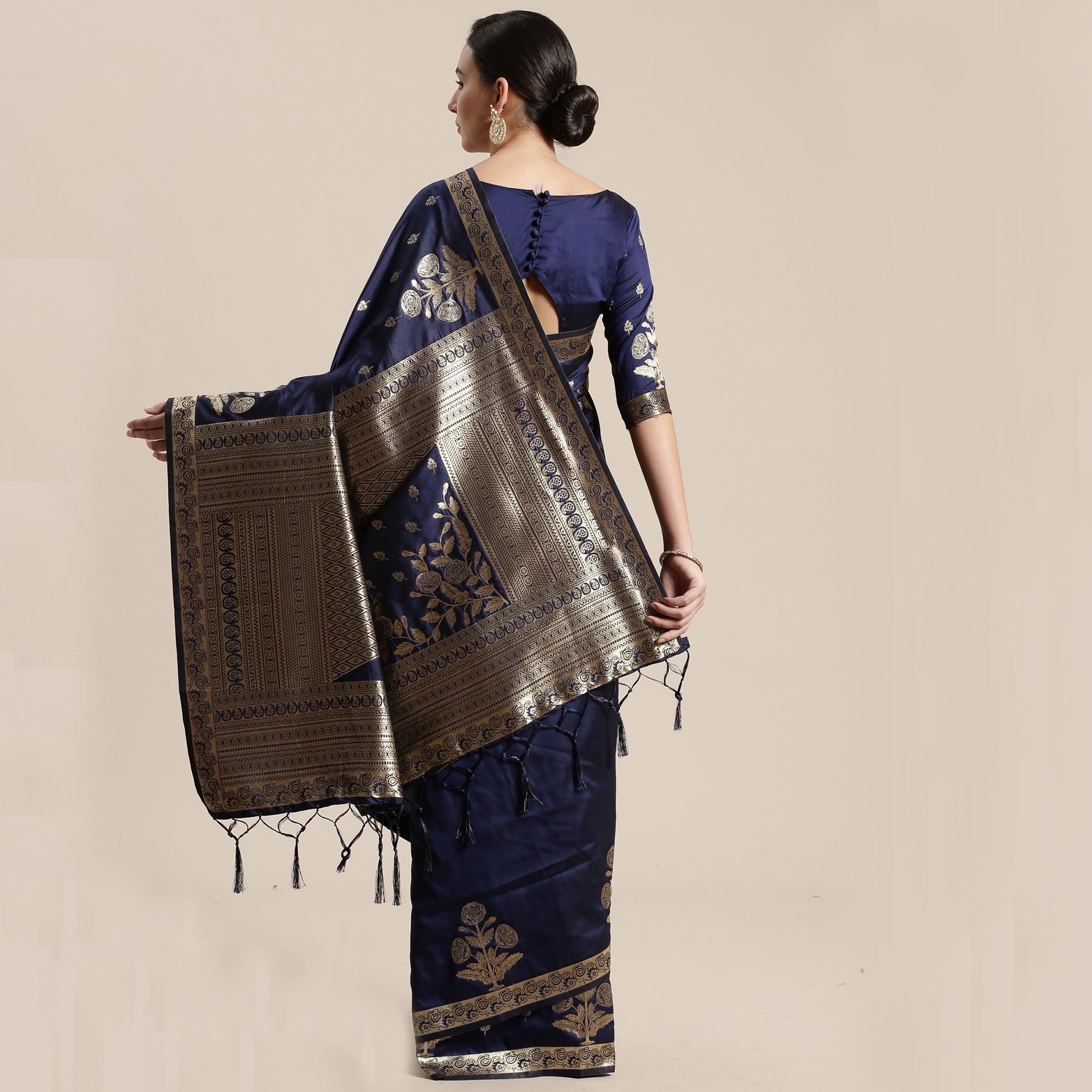 Innovative Navy Blue Colored Festive Wear Silk Blend Woven Floral Saree With Tassels - Peachmode