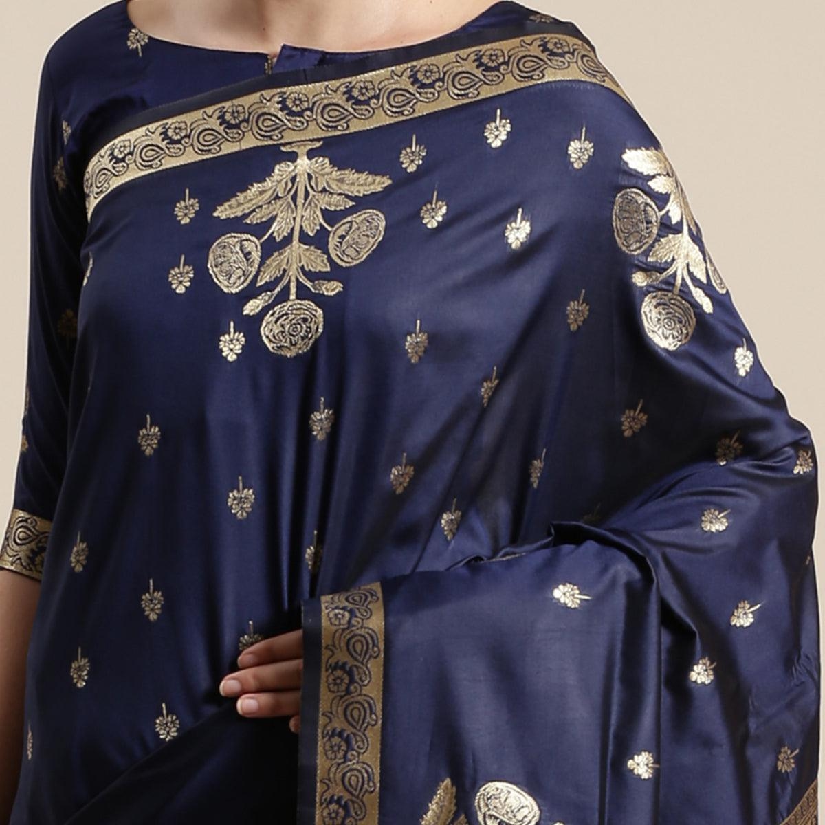 Innovative Navy Blue Colored Festive Wear Silk Blend Woven Floral Saree With Tassels - Peachmode