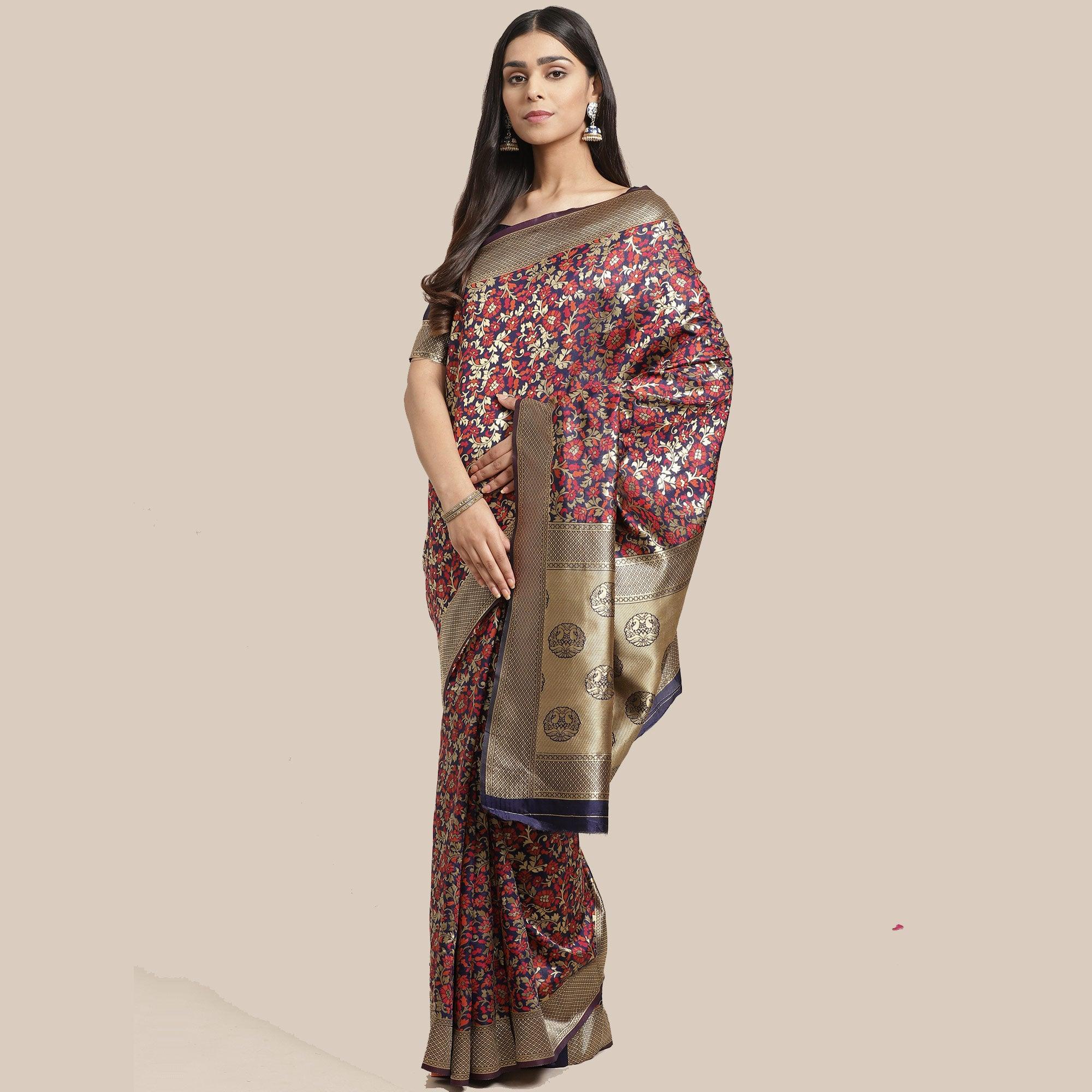 Innovative Navy Blue Colored Festive Wear Woven Silk Blend Saree - Peachmode