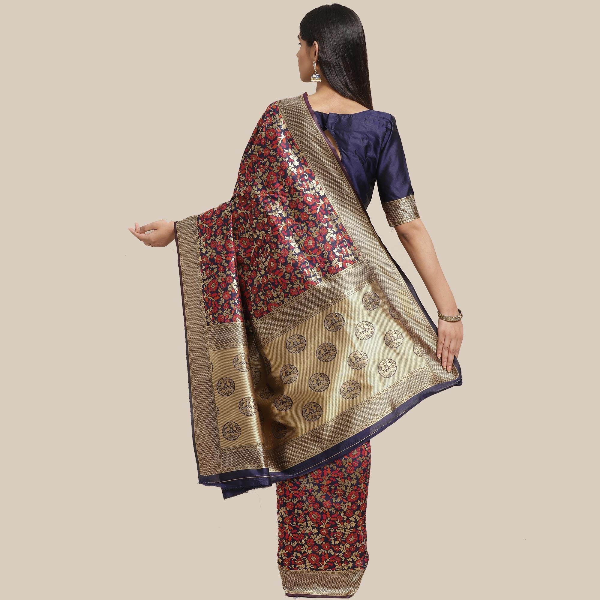 Innovative Navy Blue Colored Festive Wear Woven Silk Blend Saree - Peachmode