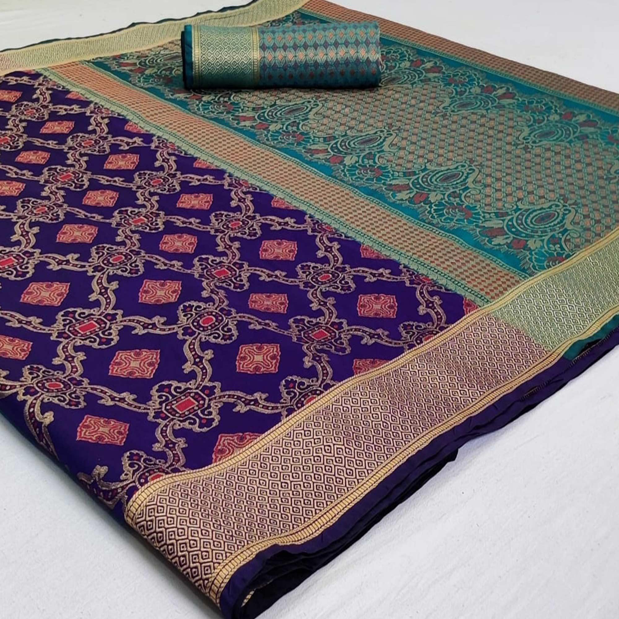 Innovative Navy Blue Colored Festive Wear Woven Silk Saree - Peachmode