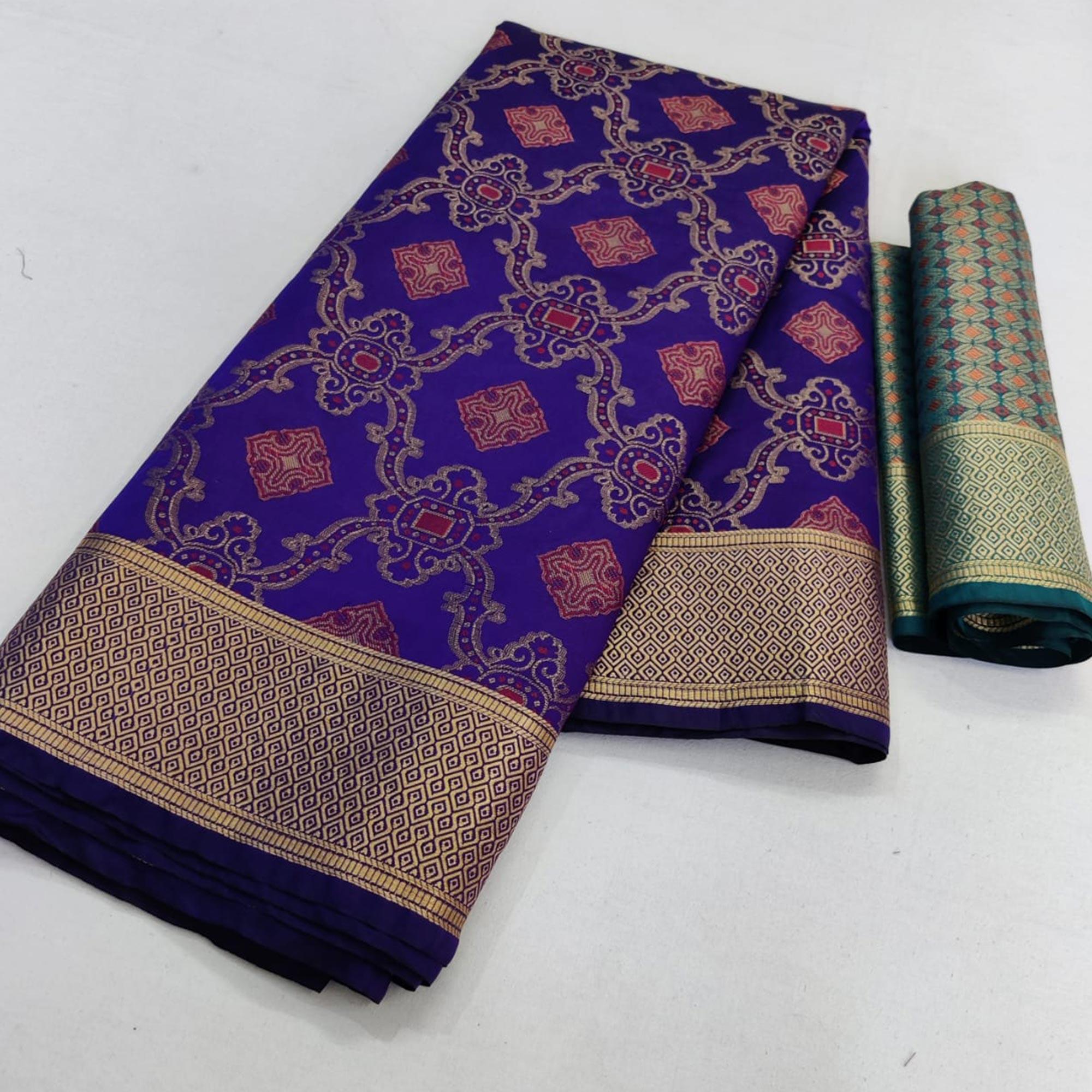 Innovative Navy Blue Colored Festive Wear Woven Silk Saree - Peachmode