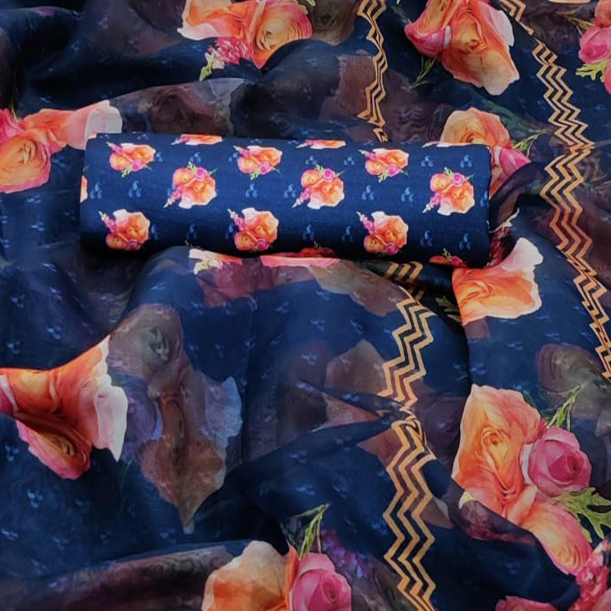 Innovative Navy Blue Colored Partywear Digital Printed Georgette Saree - Peachmode