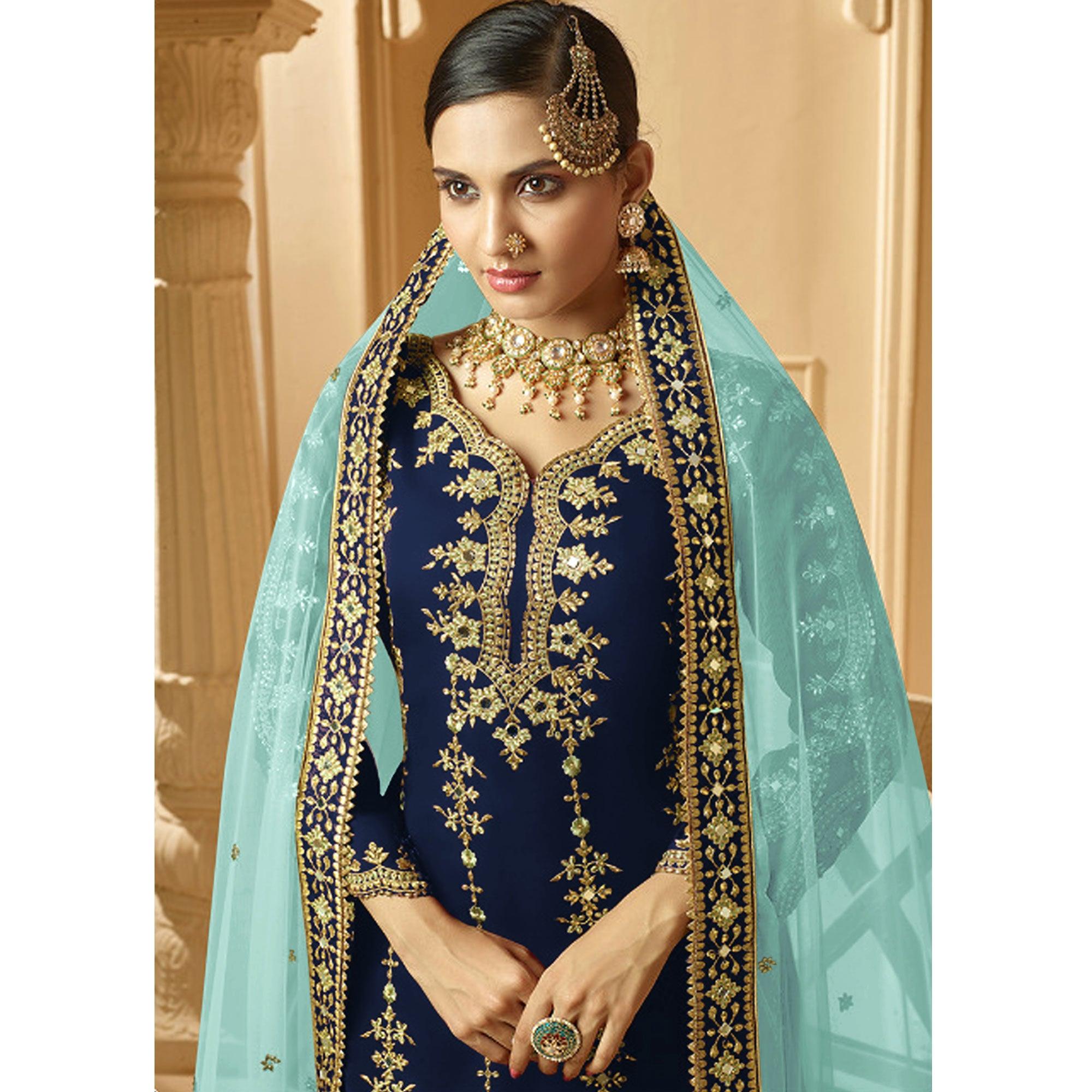 Innovative Navy Blue Colored Partywear Embroidered Faux Georgette Palazzo suit - Peachmode