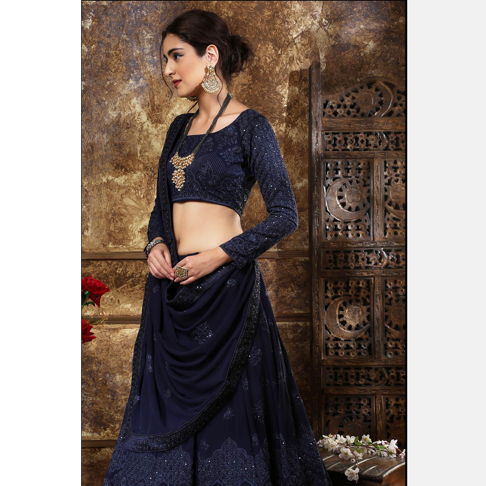 Innovative Navy Blue Colored Partywear Embroidered Gerogette Lehenga Choli - Peachmode