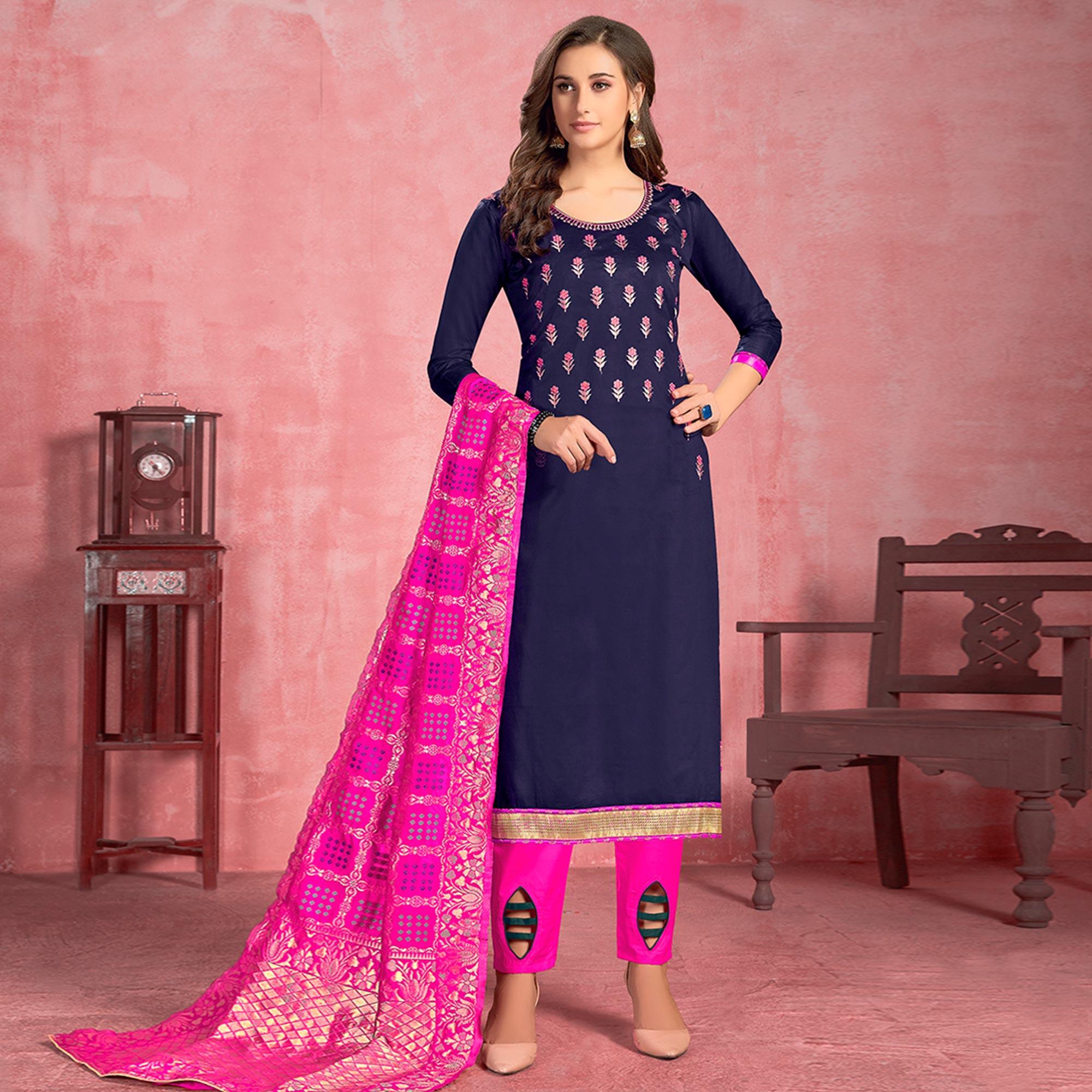 Innovative Navy Blue Colored Partywear Embroidered Pure Cotton Dress Material - Peachmode
