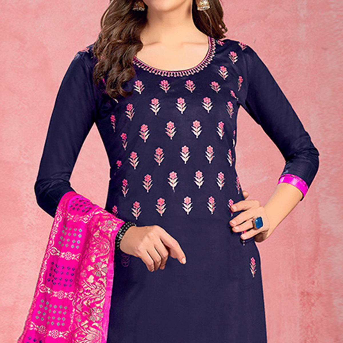 Innovative Navy Blue Colored Partywear Embroidered Pure Cotton Dress Material - Peachmode