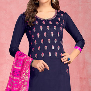 Innovative Navy Blue Colored Partywear Embroidered Pure Cotton Dress Material - Peachmode