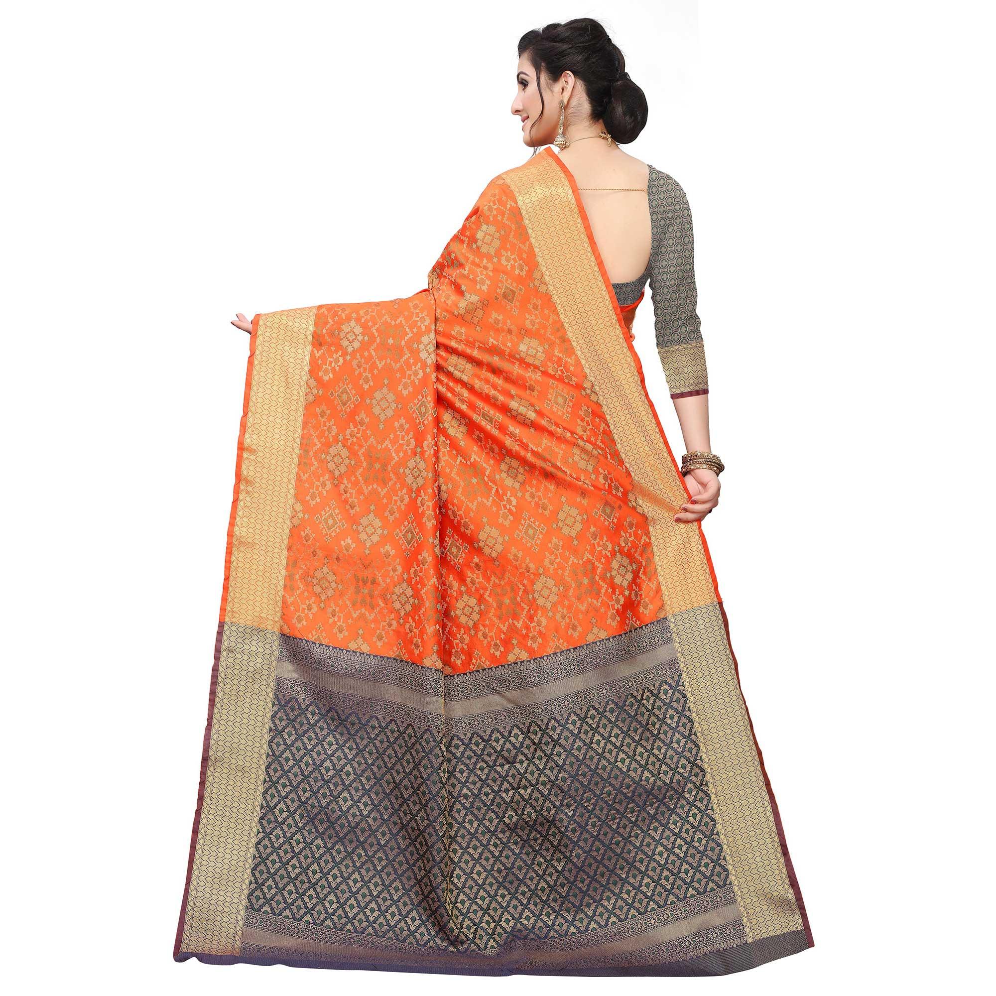 Innovative Orange Colored Festive Wear Woven Kanjivaram Silk Saree - Peachmode