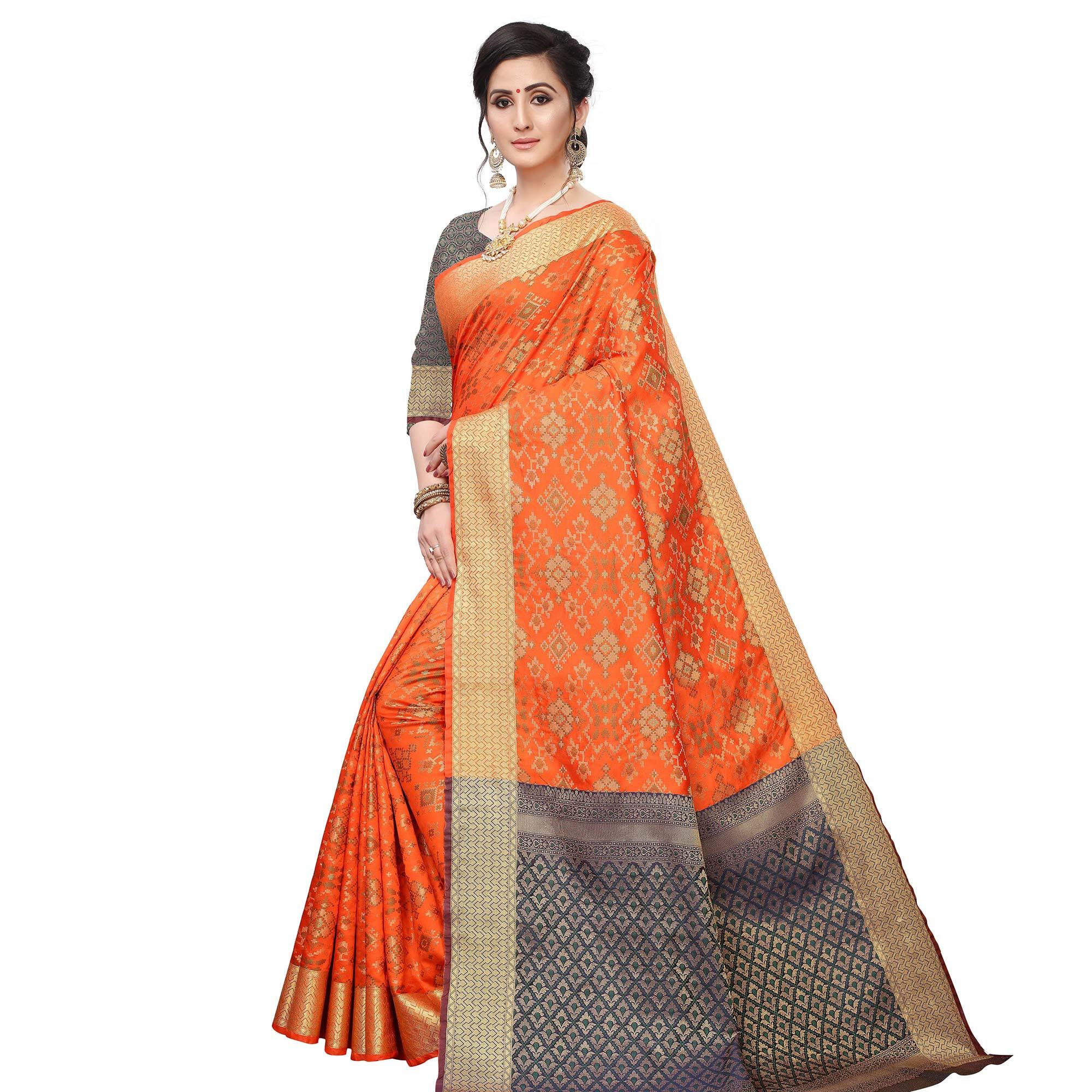 Innovative Orange Colored Festive Wear Woven Kanjivaram Silk Saree - Peachmode