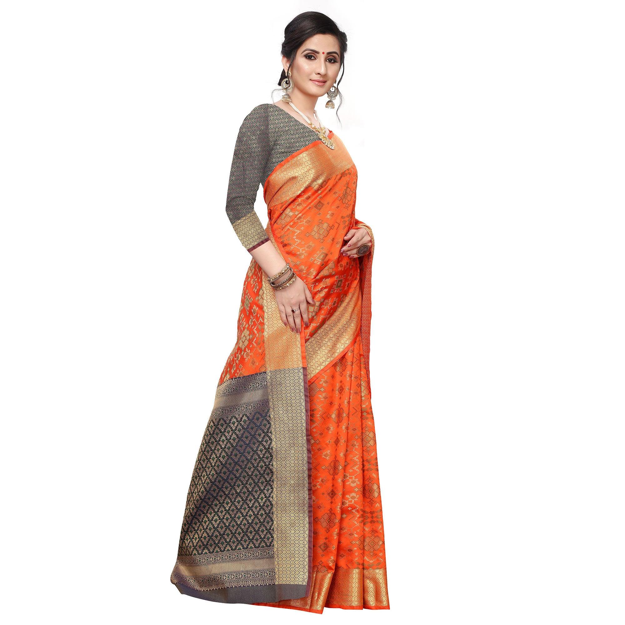 Innovative Orange Colored Festive Wear Woven Kanjivaram Silk Saree - Peachmode
