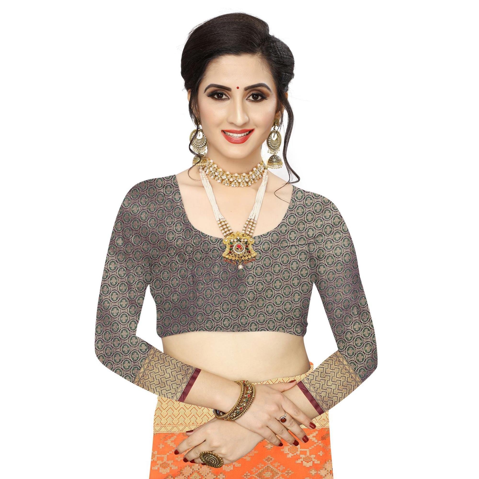 Innovative Orange Colored Festive Wear Woven Kanjivaram Silk Saree - Peachmode