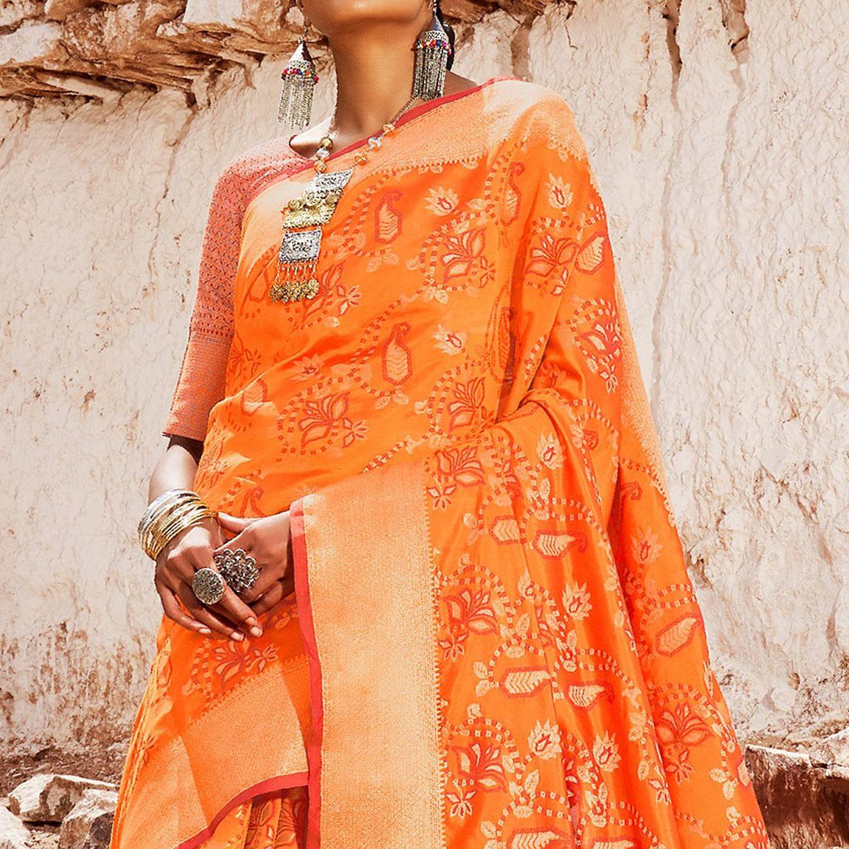 Innovative Orange Colored Festive Wear Woven Silk Saree - Peachmode