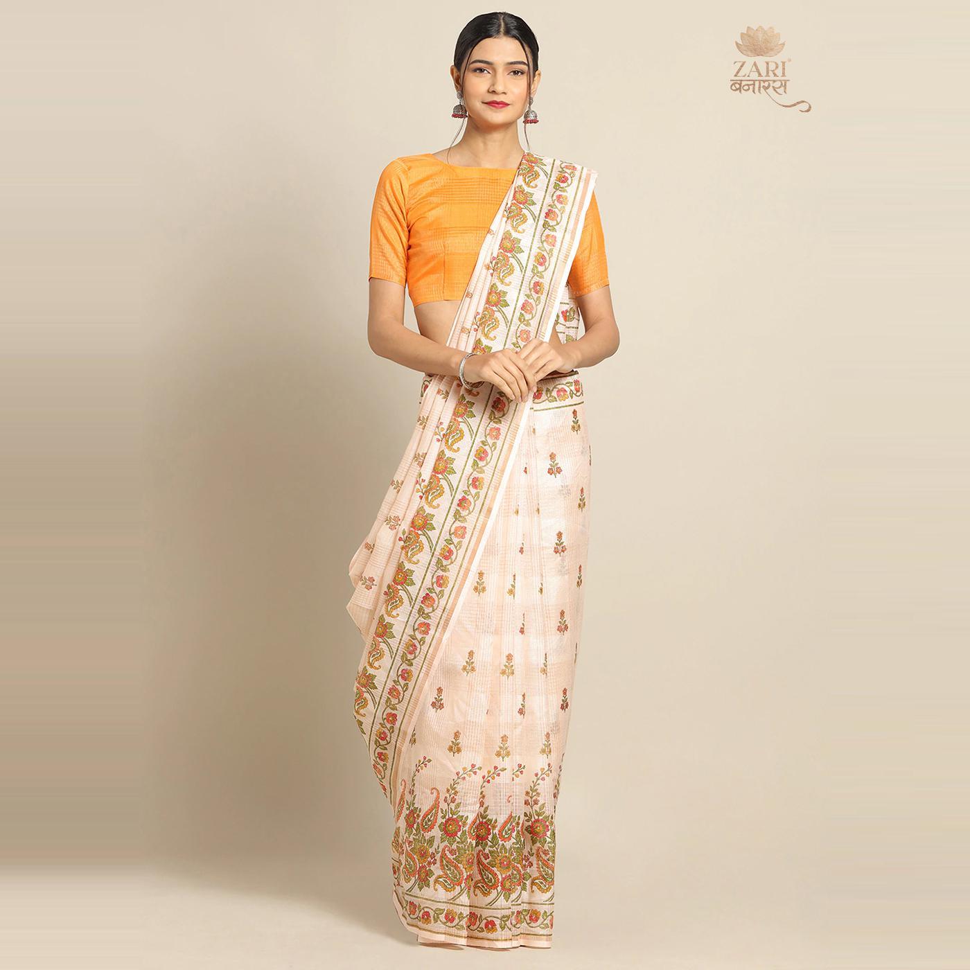 Innovative Peach Colored Casual Wear Floral Printed Linen Saree - Peachmode