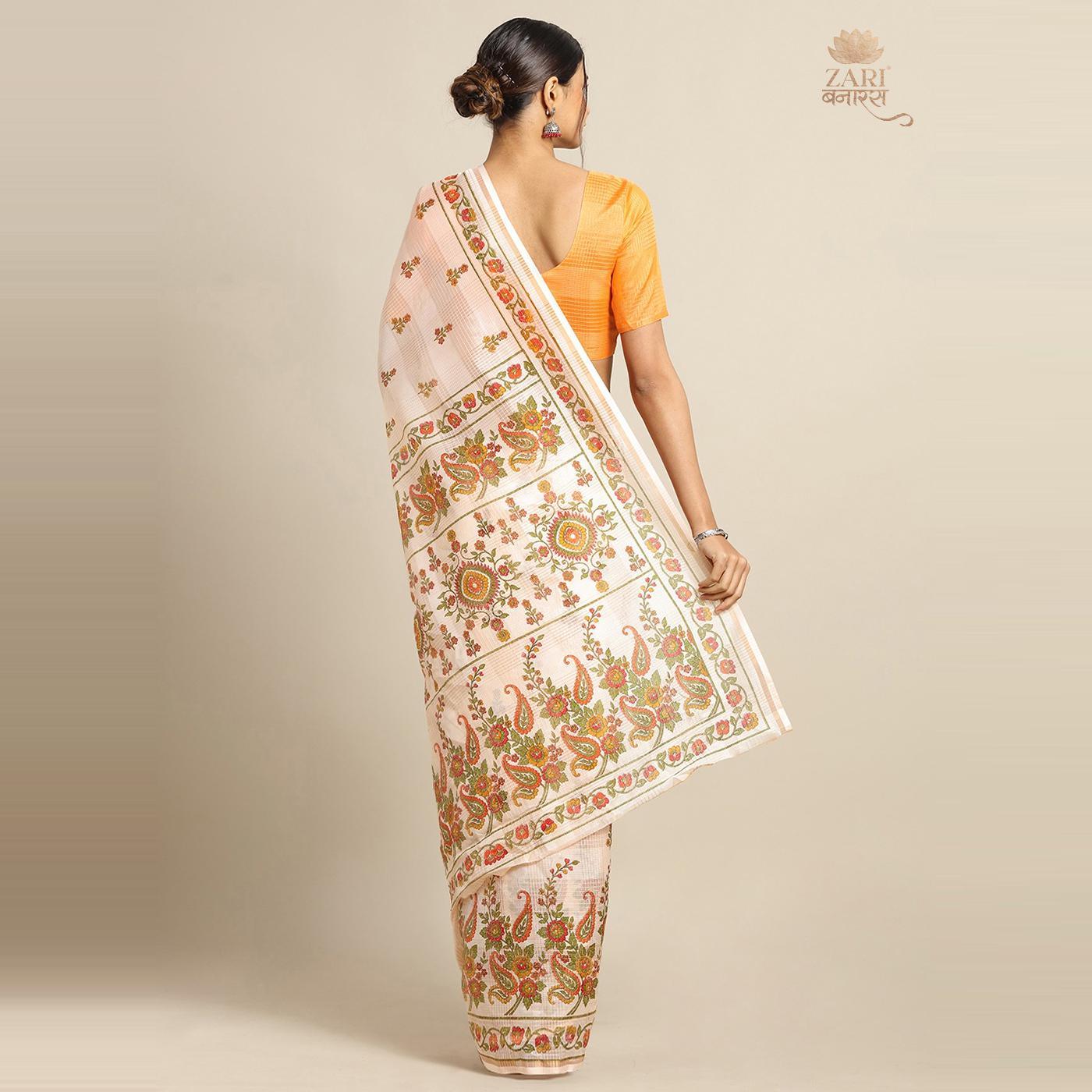Innovative Peach Colored Casual Wear Floral Printed Linen Saree - Peachmode