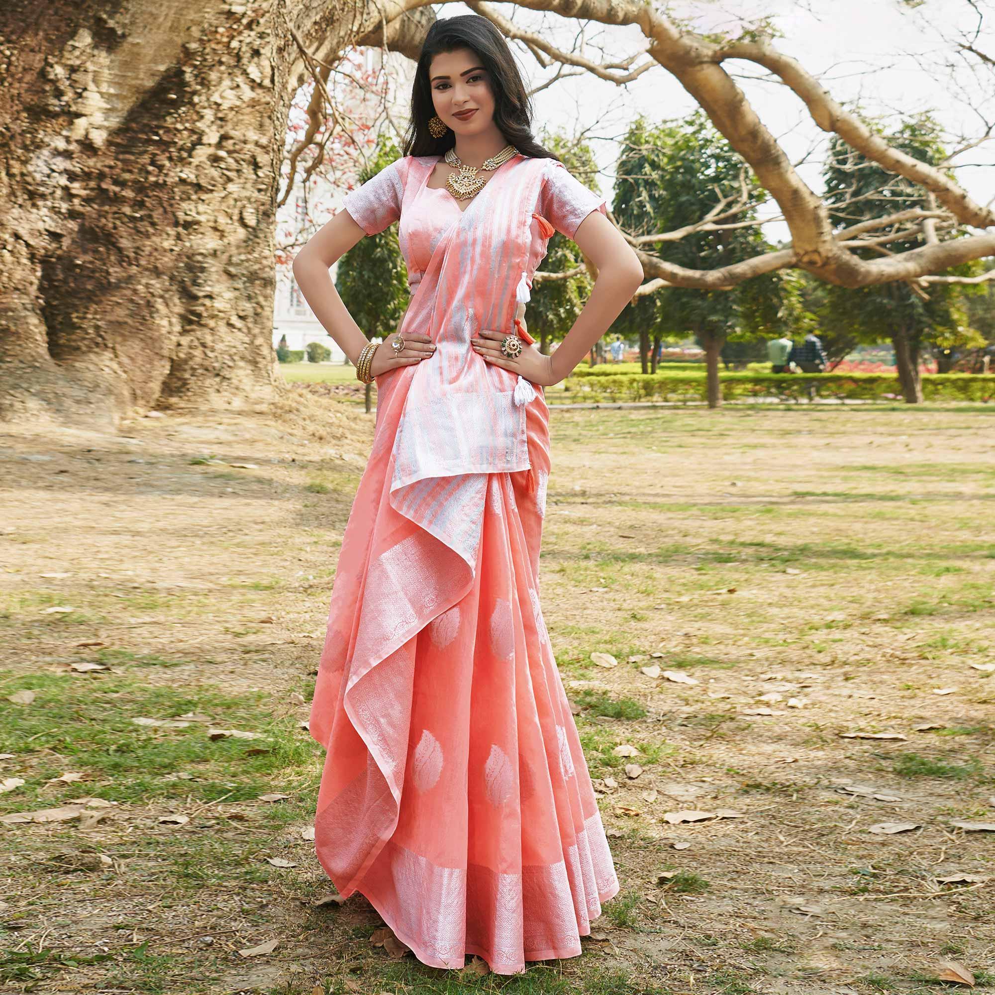 Innovative Peach Colored Festive Wear Woven Linen Cotton Saree - Peachmode