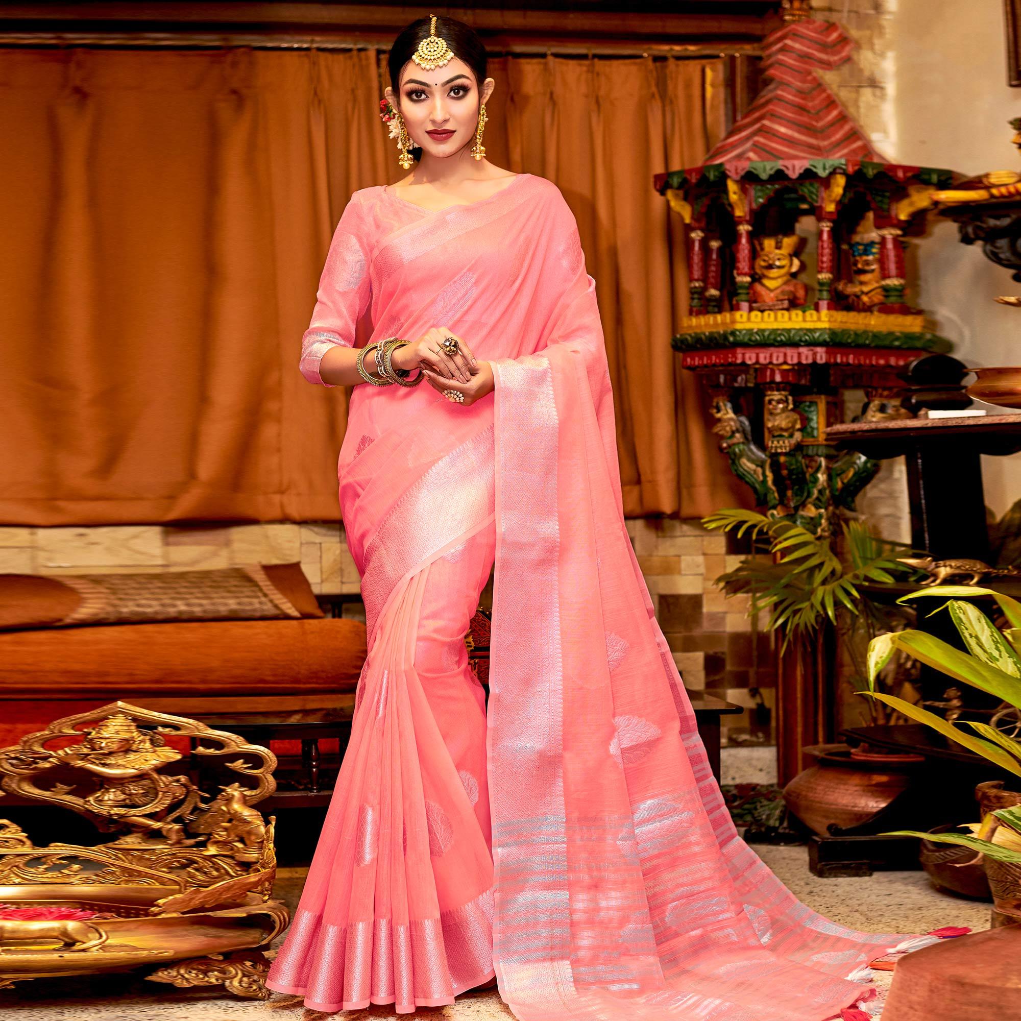 Innovative Peach Colored Festive Wear Woven Linen Sareee - Peachmode